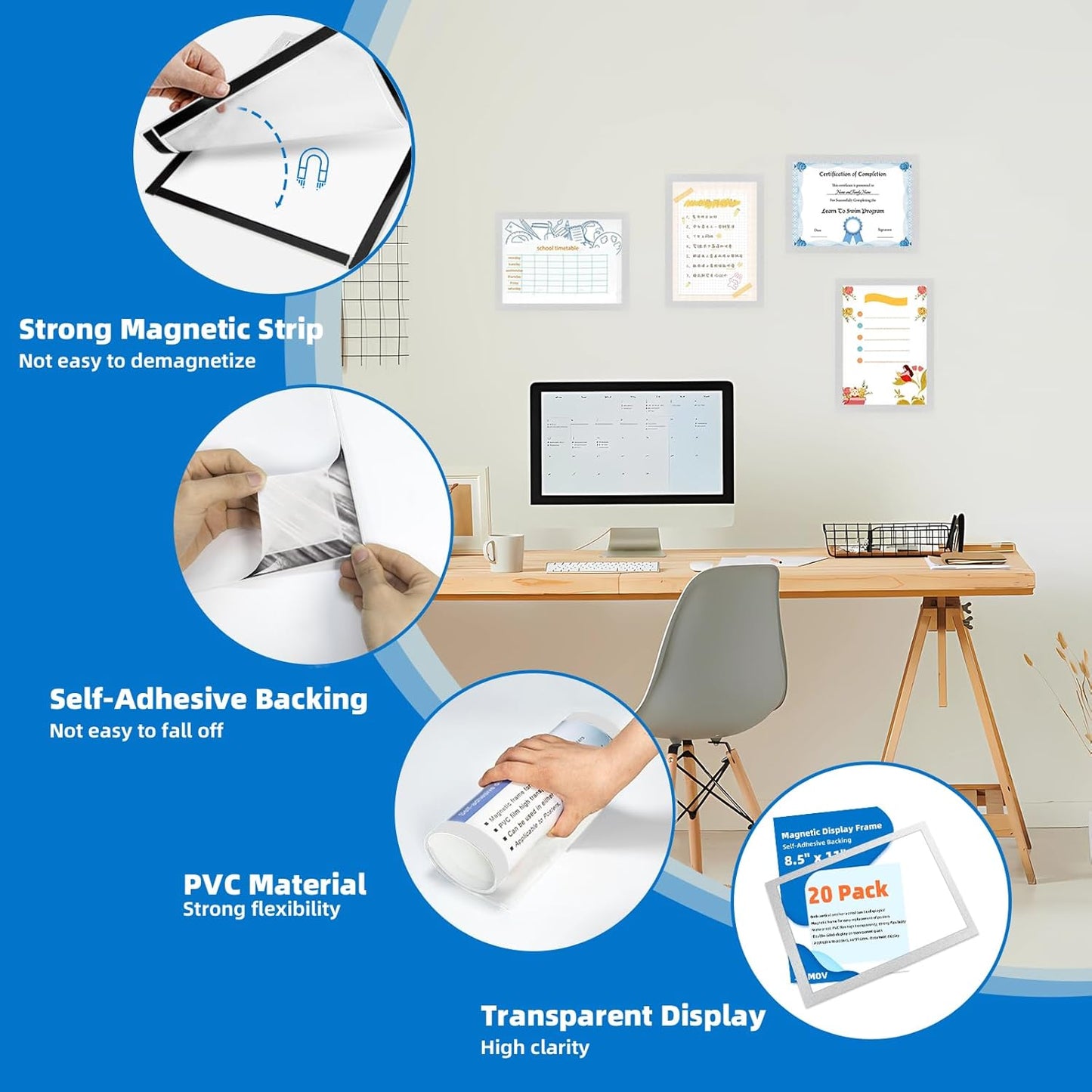 Magnetic Frames for Refrigerator, 20 Pack Double Sided Magnetic Sign Holder 8.5 x 11 for Display Picture Paper Document Flyer Page, Reusable Adhesive Frames for Walls Door Window Glass