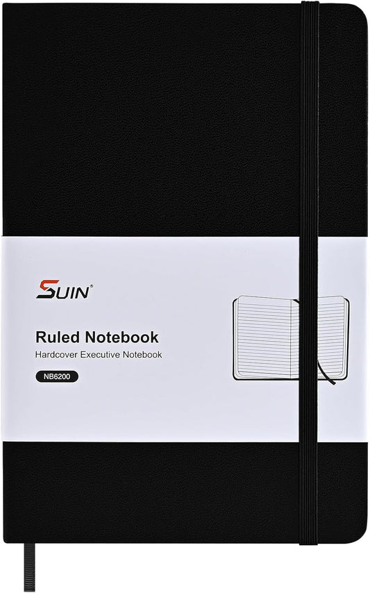 SUIN A5 Hardcover Notebook, 5.5" x 8.3", 100gsm, 160 Pages, Journal for Writing, Notebooks for work - No-Bleed Paper, Inner Pocket, Elastic Closure & Ribbon Bookmark, Black-1Pack
