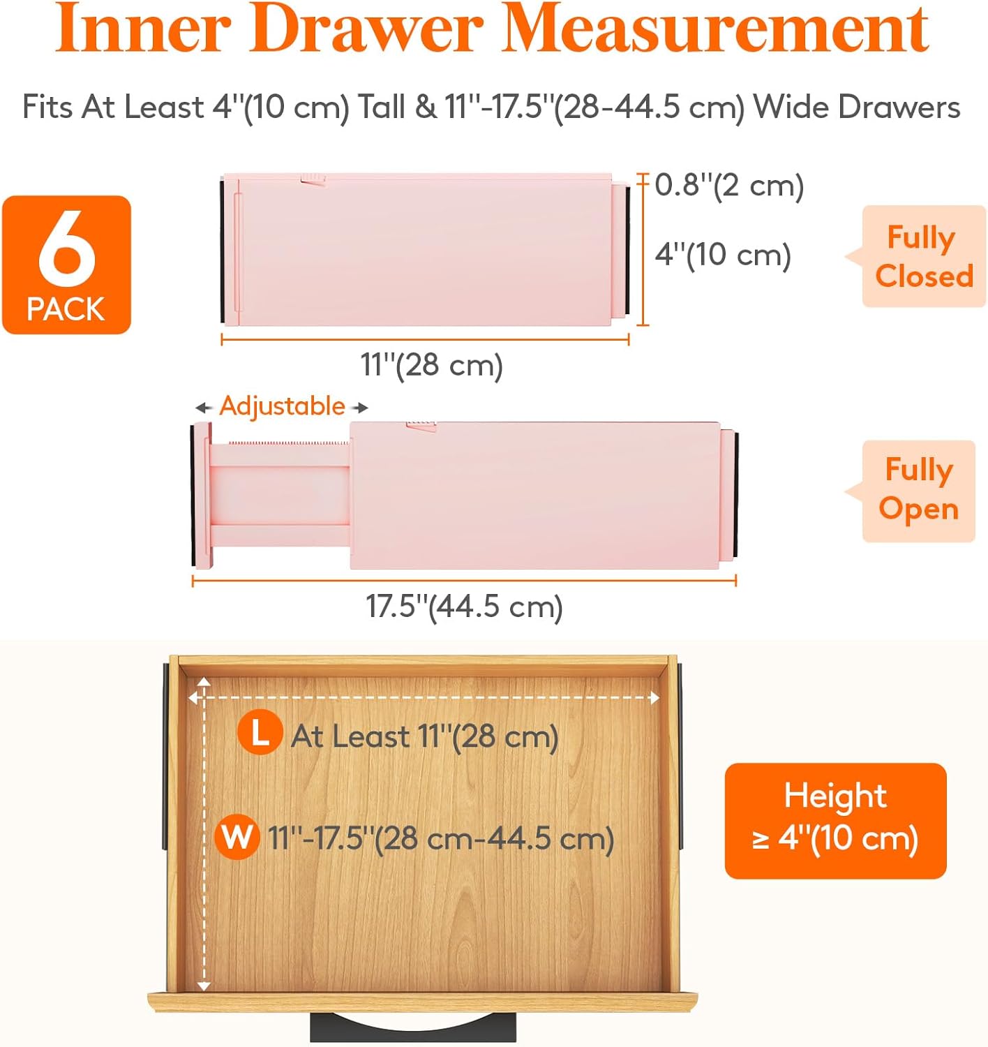 Lifewit 6 Pack Drawer Dividers 4" High, 11-17" Adjustable Drawer Organizers for Clothes, Expandable Dresser Separators in Bedroom/Bathroom/Kitchen/Fridge/Office Organization and Storage, Pink