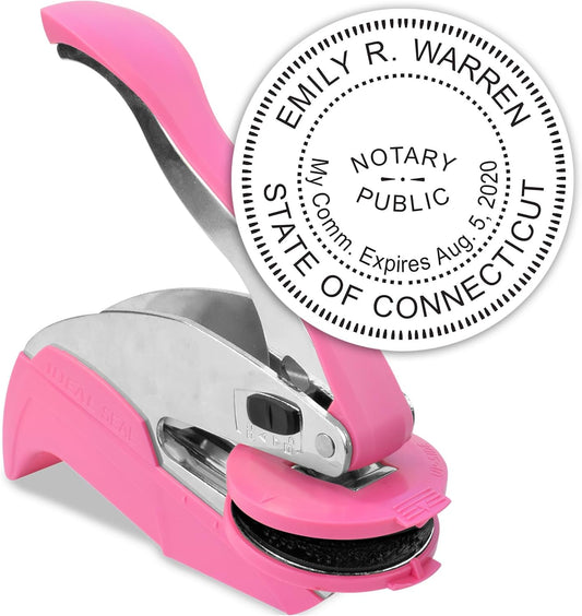 MaxMark Notary Seal Round Pink Embosser for Connecticut State - Includes Gold Burst Seal Labels (50 Count)