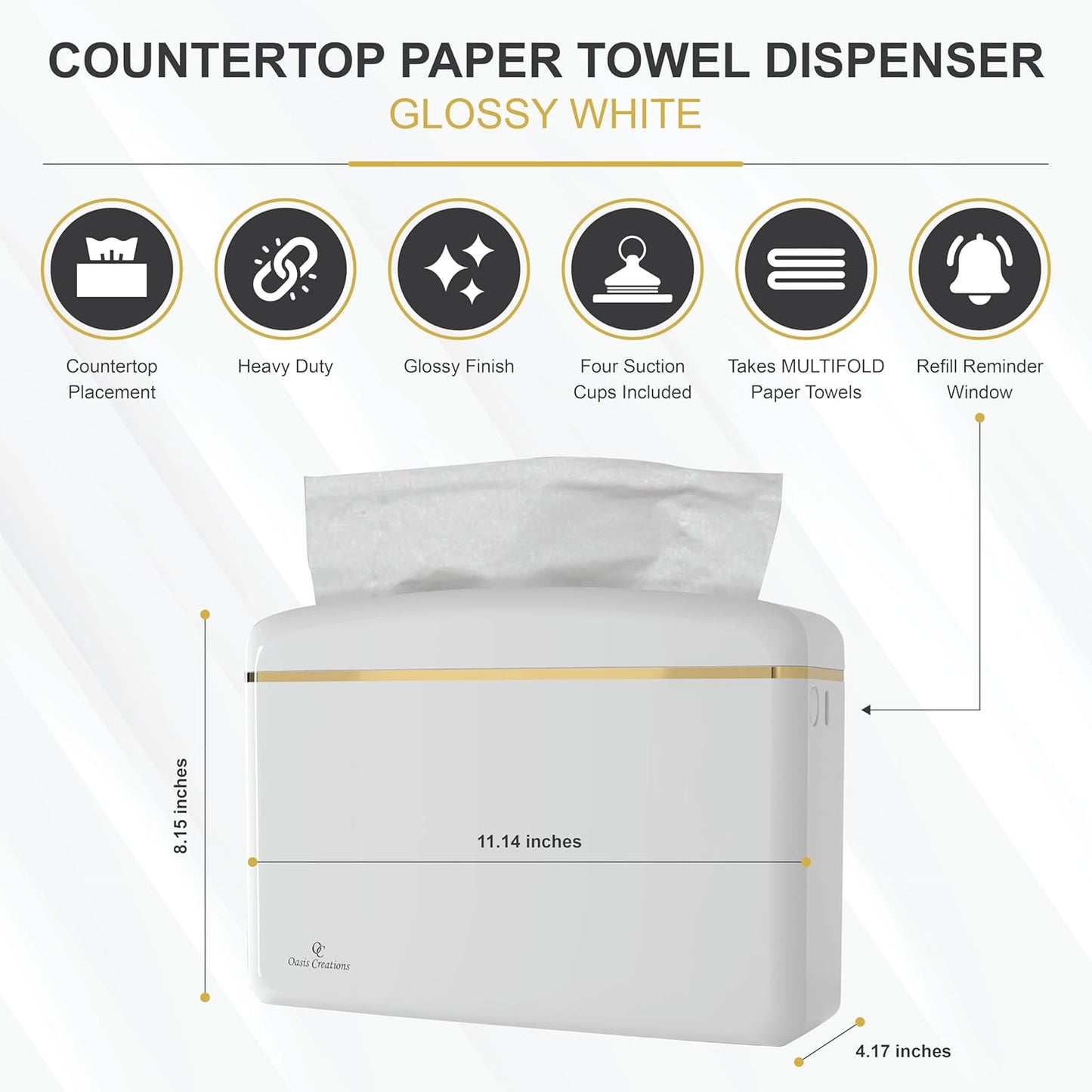 Countertop Multifold Hand Paper Towel Dispenser by Oasis Creations, Single Sheet Dispensing – Glossy White