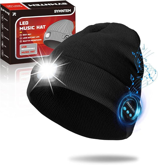 Gifts for Men, Rechargeable Bluetooth Music Unisex Beanie Hat with Light, Stocking Stuffers for Women, Birthday Gifts for Men, for Him, Black