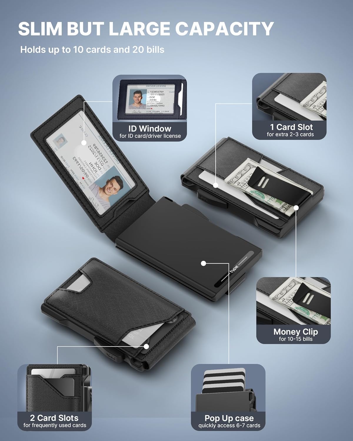 typecase Tactical Wallet for Men Card Holder: Pop Up Card Case, Genuine Leather, Smart, RFID Blocking, Slim, Minimalist, Thin, Front Pocket - 9-13 Card Capacitiy, ID Window, Money Clip (Dark Black)