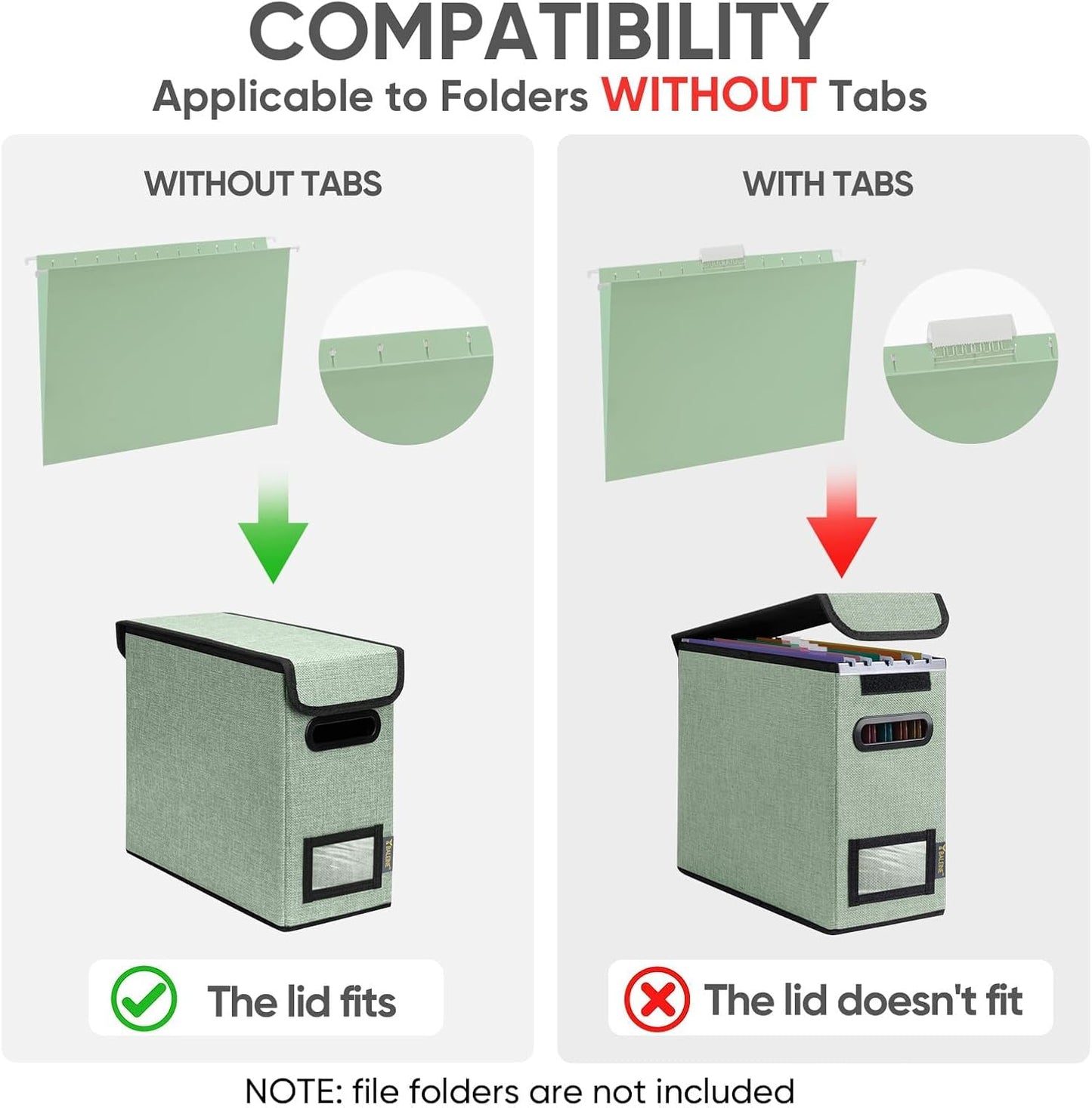 BALEINE File Organizer Box with Lid, Collapsible File Folder Organizer with Plastic Slide, Hanging File Folder Box for Office Document Storage (2 Pack, Green, S)