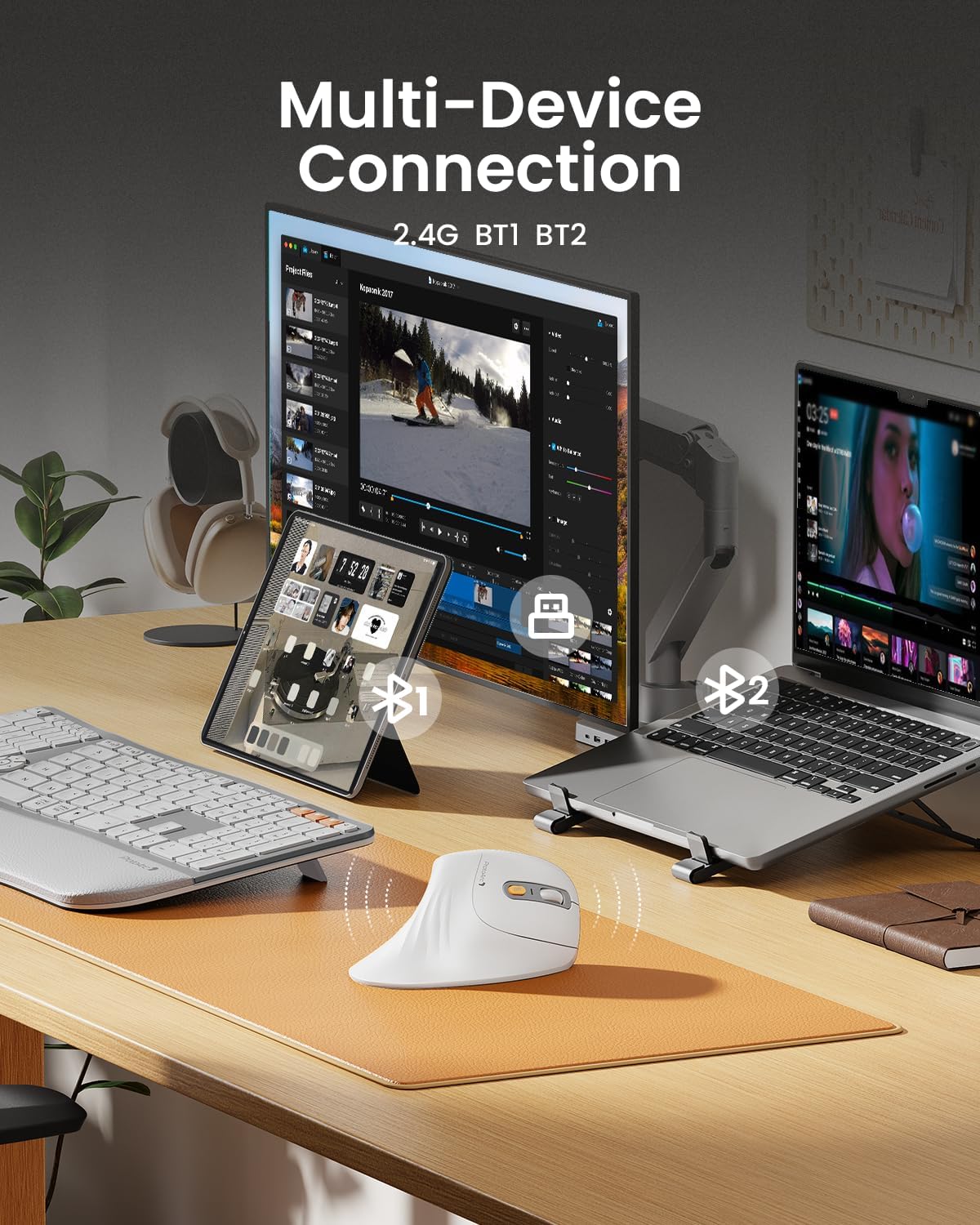 ProtoArc Ergonomic Vertical Mouse, EM11 NL Rechargeable Wireless Mouse Bluetooth, Ergo Mice with 3 Multi-Device for PC/Notebook/Laptop, 2.4GHz Optical Mice for Windows, Mac OS, White