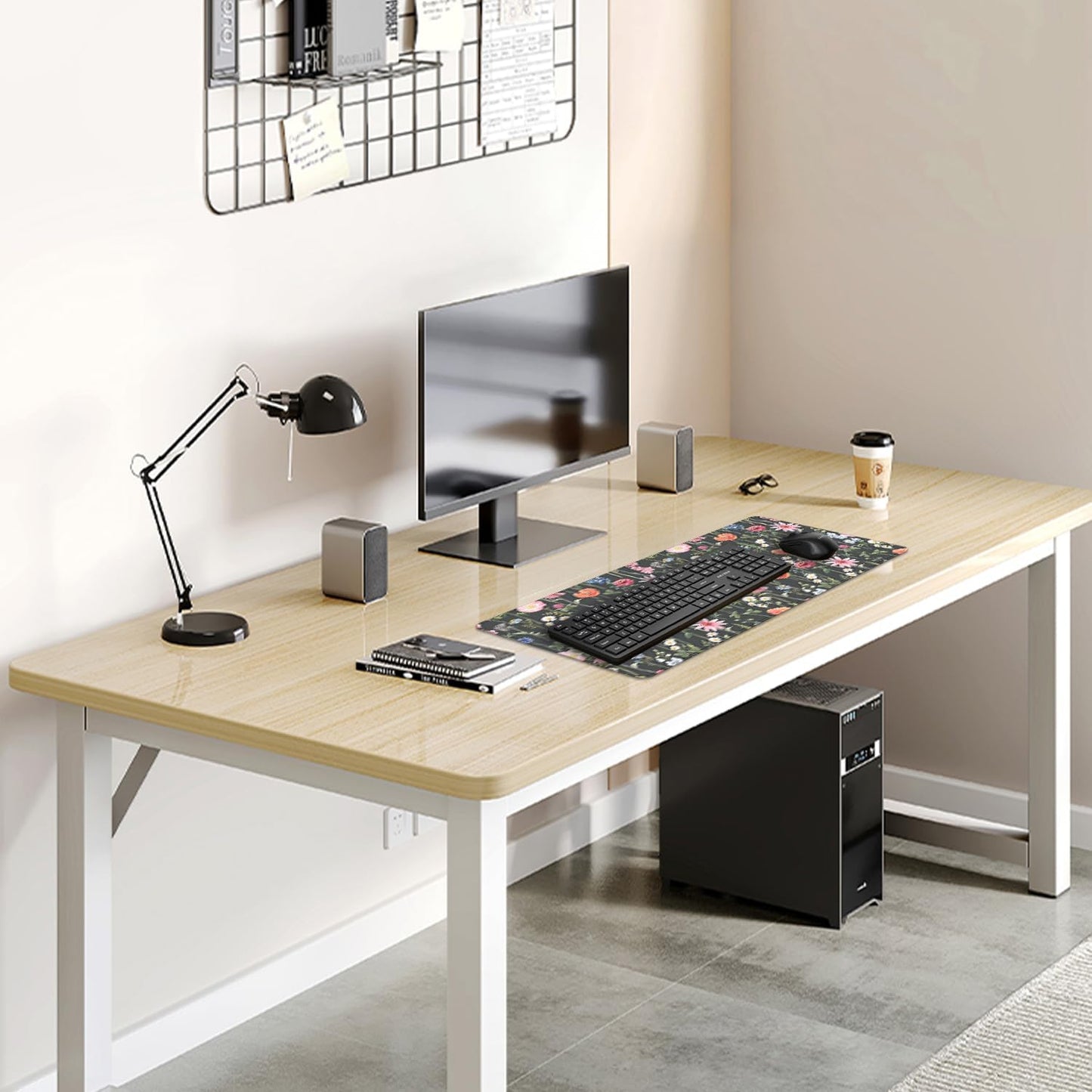 Black Background Watercolor Flowers Desk Pad Mouse Pad,Large Floral Mouse Mat with Stitched Edges,Non-Slip Rubber Base Mousepad for Office PC Keyboard Laptop and Home Work Desk Mat(27.5X11.8 in)