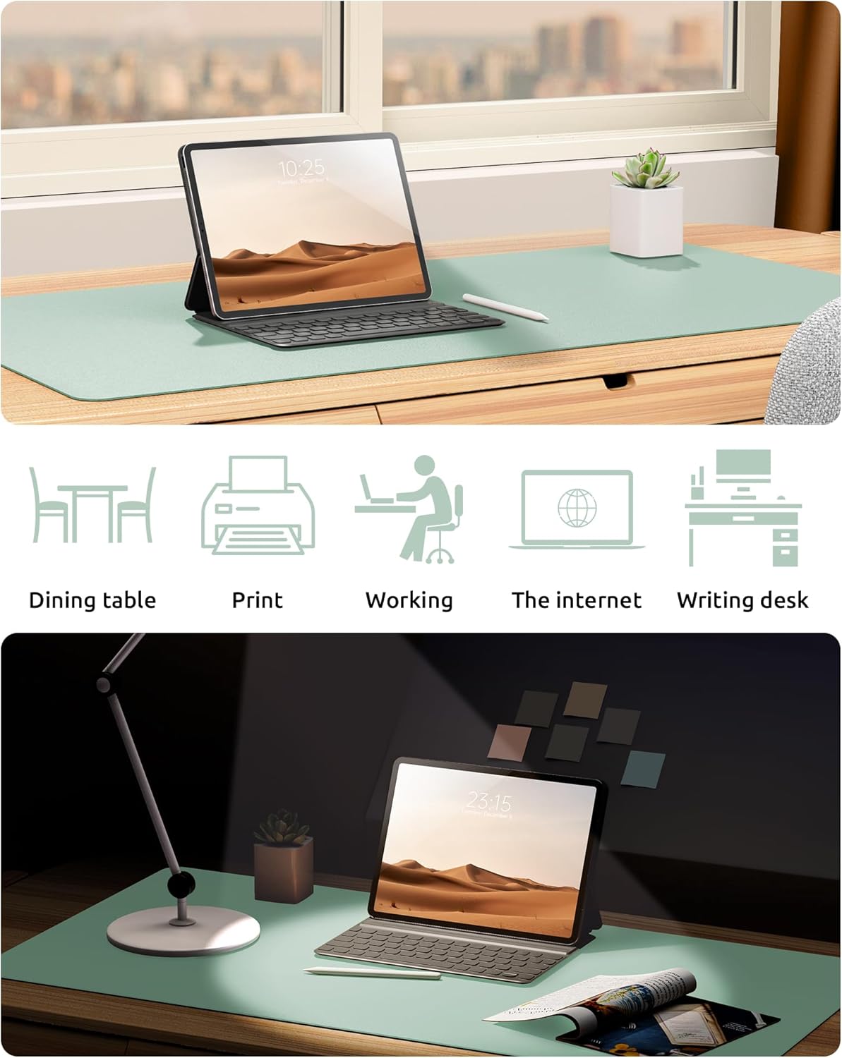YSAGi Leather Desk Protector, Office Mat, Large Mouse Mat, Non-Slip PU Leather Blotter, Laptop Pad, Waterproof Writing Pad for Office and Home (Pale Green, 31.5" x 15.8")