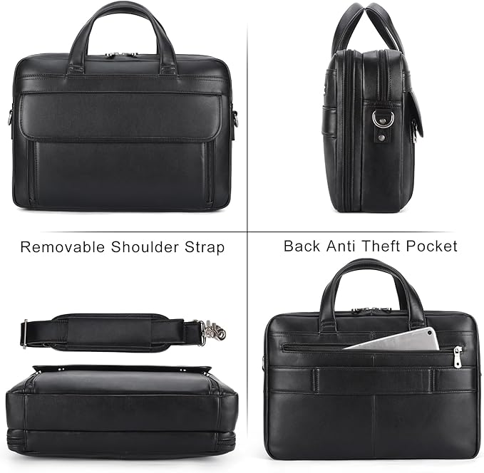 Masa Kawa Leather Briefcase for Men 15.6" - 17" Laptop Computer Case Business Travel Work Messenger Cross Body Shoulder Bag