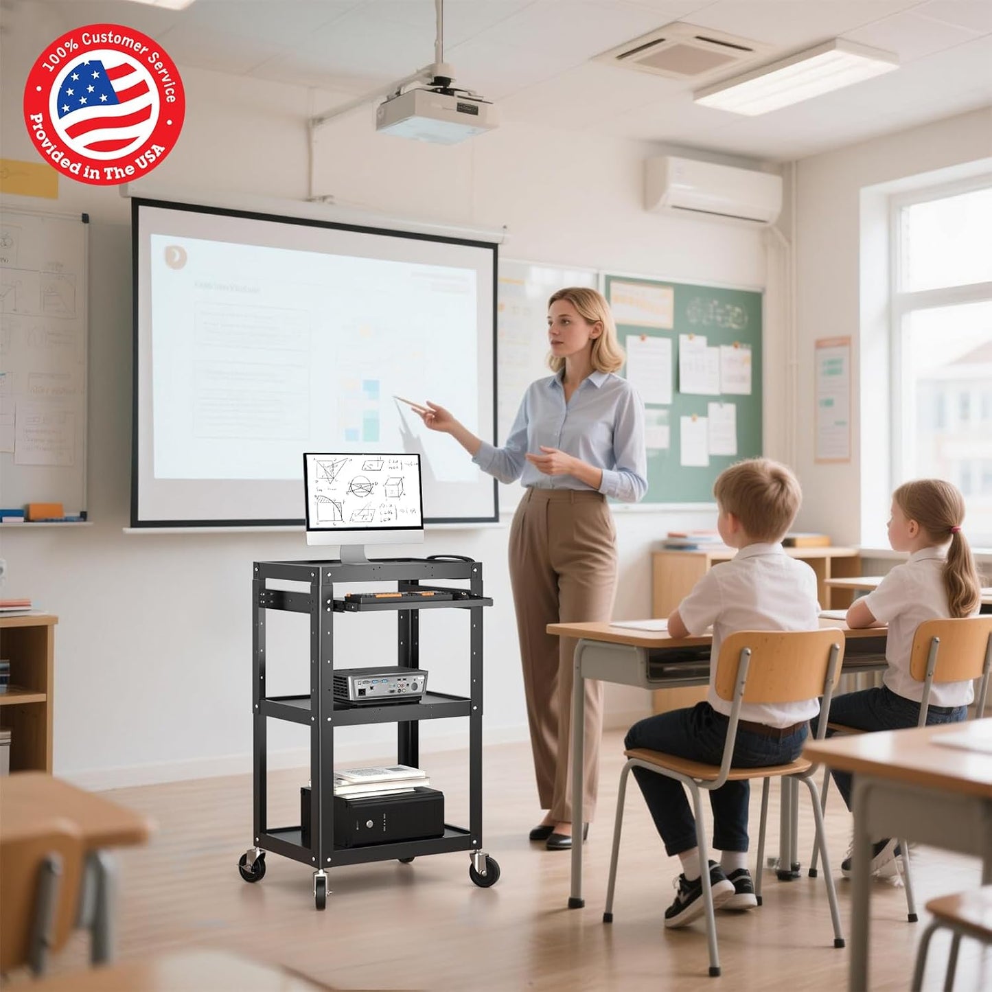 Steel AV Cart on Wheels - Rolling Projector Cart with Height Adjustable Shelf, Pullout Keyboard Tray, Power Strip, Cord Management - Mobile Media Carts Computer Workstation for Office Classroom
