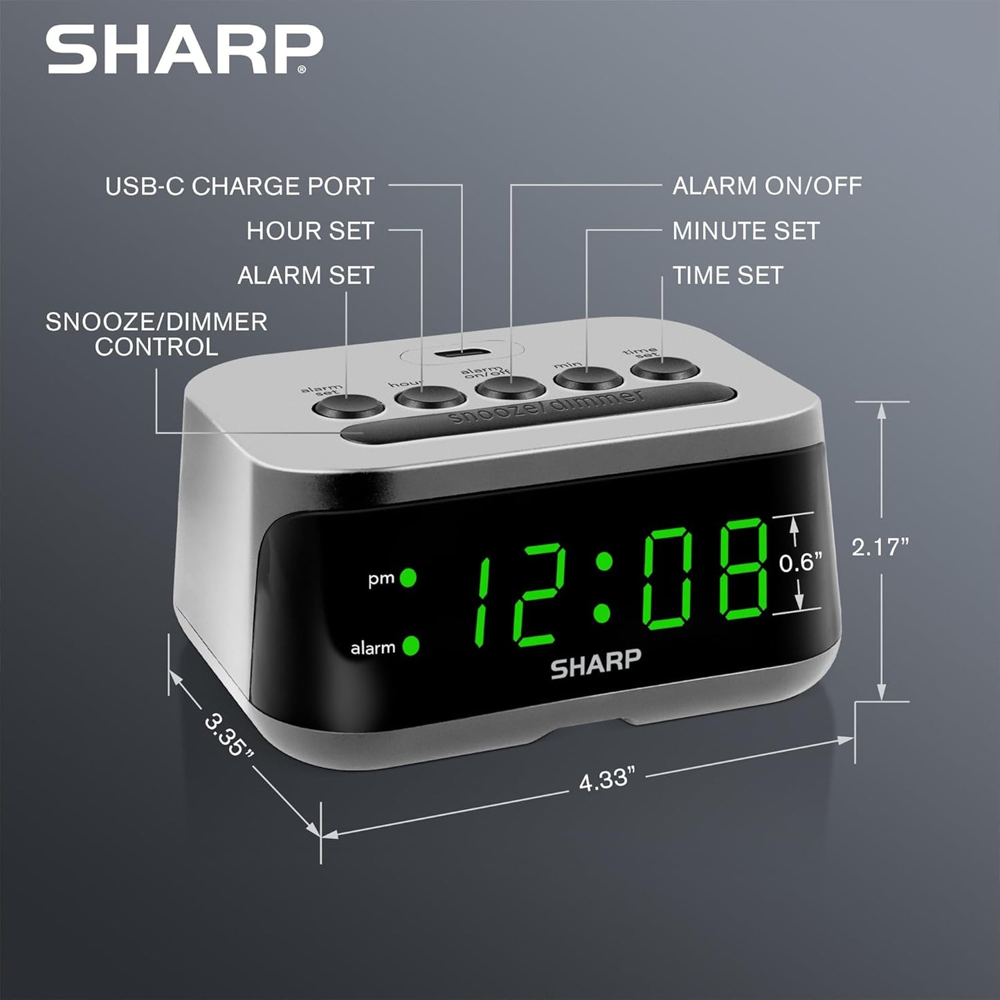 Sharp Digital Alarm Clock with Super Fast USB-C Charge Port & Green LED Display
