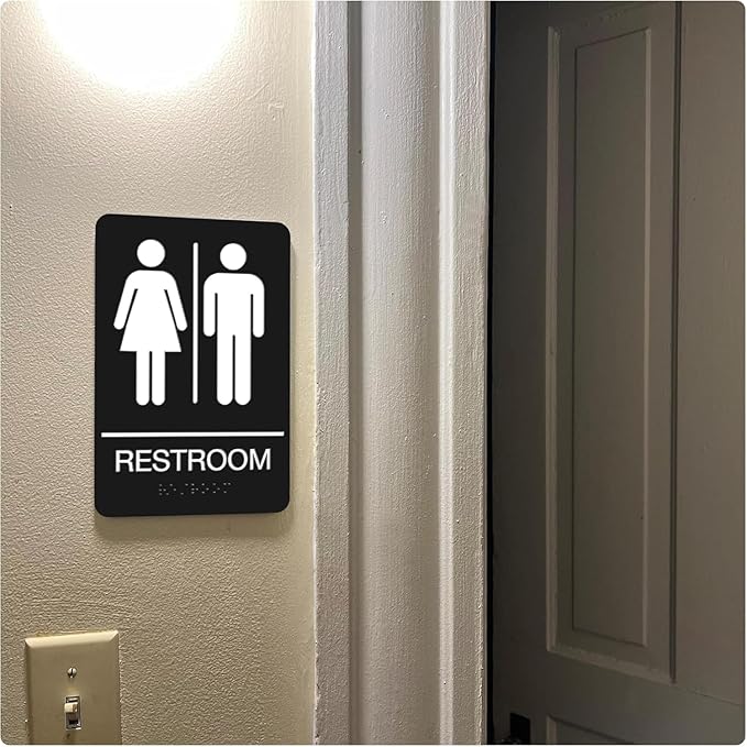 ADA Braille Unisex Restroom Signs for Business with Double Sided 3M Tape - ABS Plastic Gender Neutral Bathroom Sign 9” x 6”- Pack of 10 for Offices and Restaurants