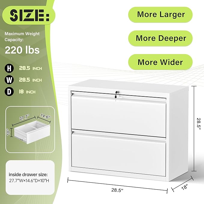 Incbruce Lateral File Cabinet with Lock, 28" W 2 Drawer Filing cabinets for Home Office Home, Office, Fit A4/F4/Letter/Legal File, Under Desk Filing Cabinet (White)
