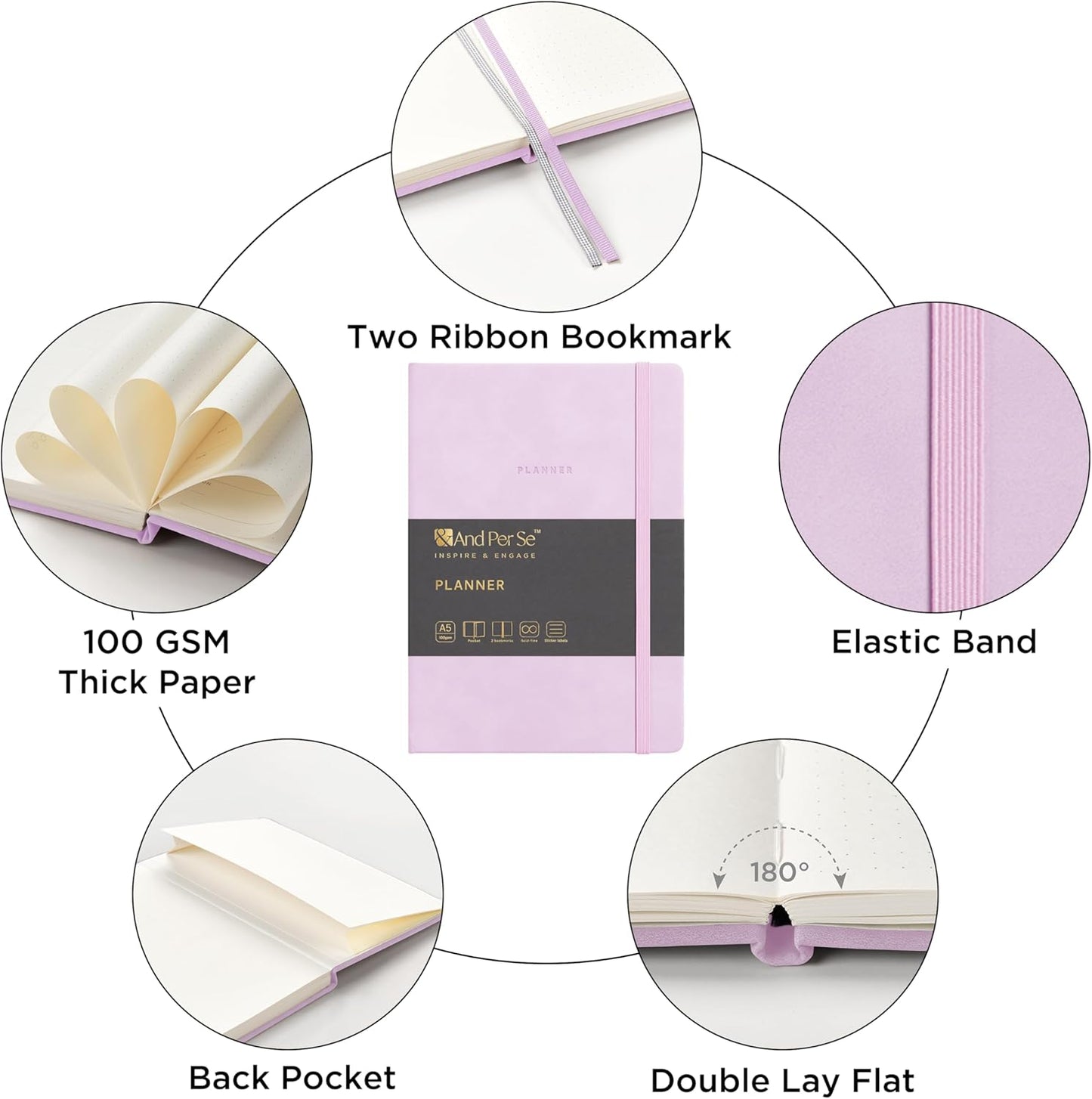 And Per Se Undated Academic Planner, A5 Weekly Calendar Planner, 72 Weeks Hardcover to Track Goals, Teacher Student Planning Book with Monthly Tab Stickers & Back Pocket (Lavender)