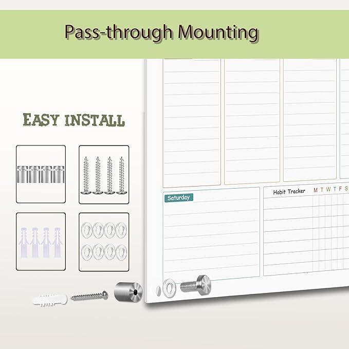 Glass Colorful Weekly Dry Erase Calendar Whiteboard for Wall,24"x 36",Frameless Mounting,Office/School/Home, Frameless Large Planner White Board