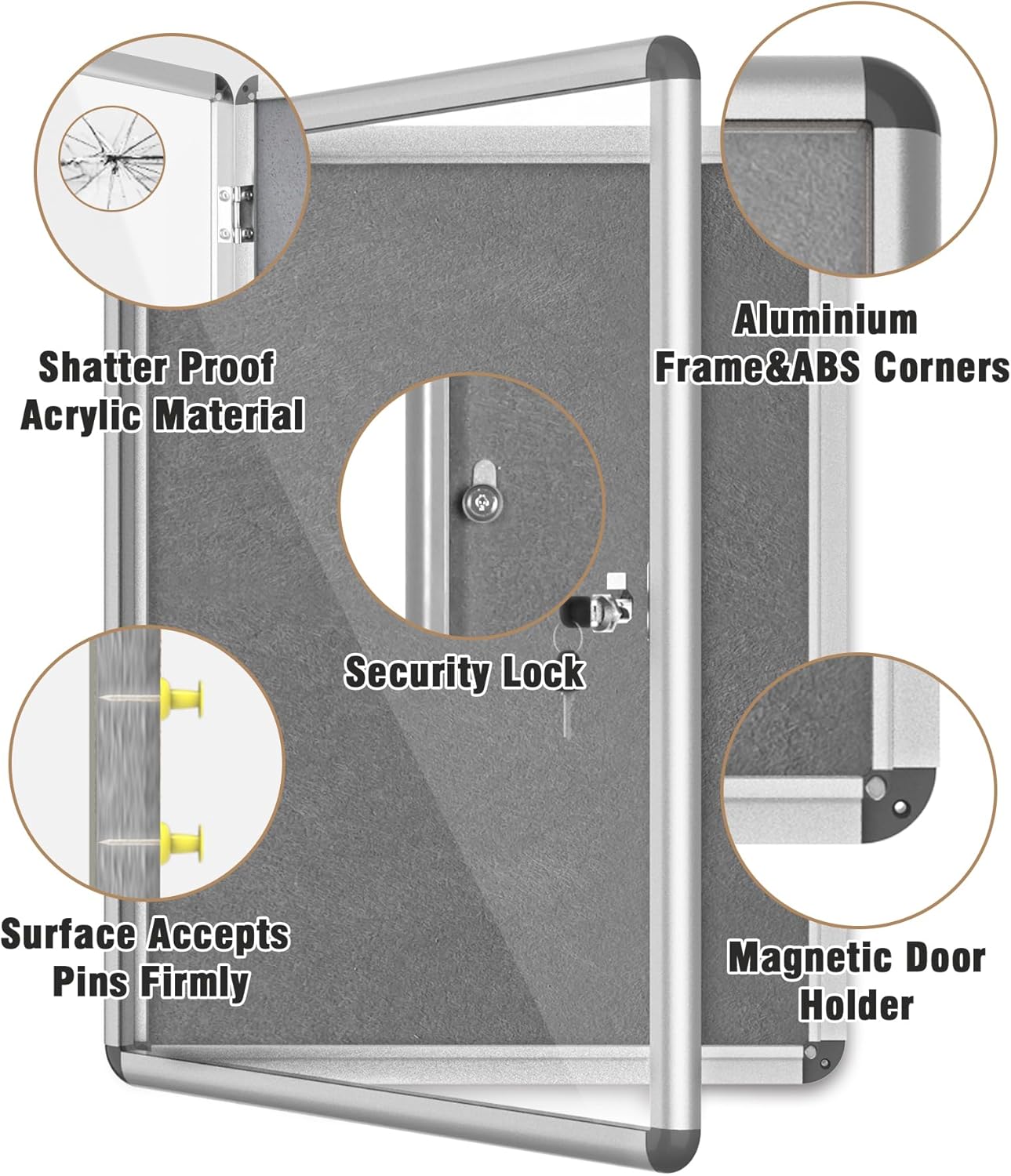 26"x20" Enclosed Bulletin Board, Lockable Weather-Resistant Aluminum Cork Noticeboard for School & Office, Silver Frame w/Grey Flet