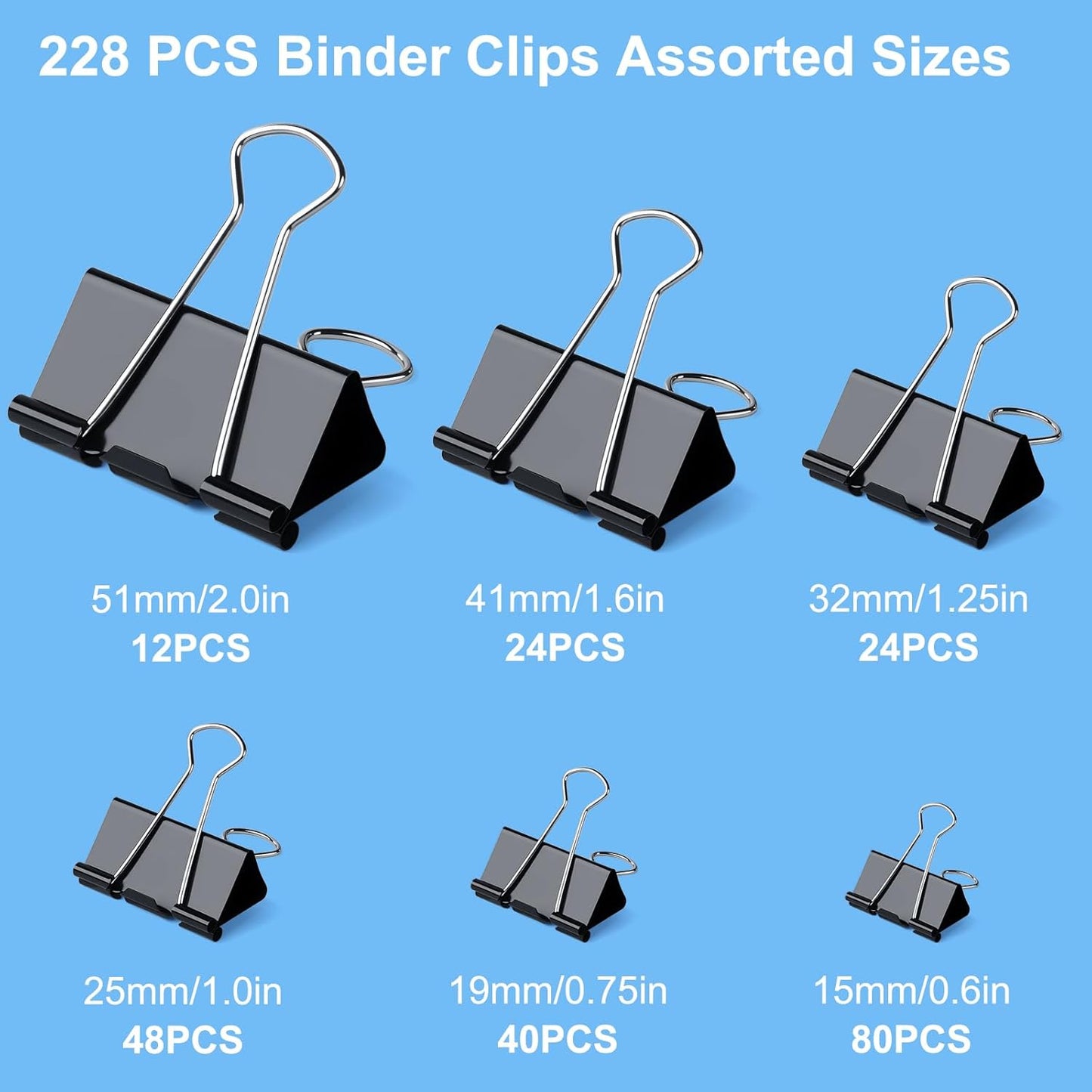 228 PCS Binder Clips Paper Clamps Assorted Sizes,Extra Large Medium Small Mini and Micro,Black Metal Paper Binder Clip 6 Sizes for Office, Home and School