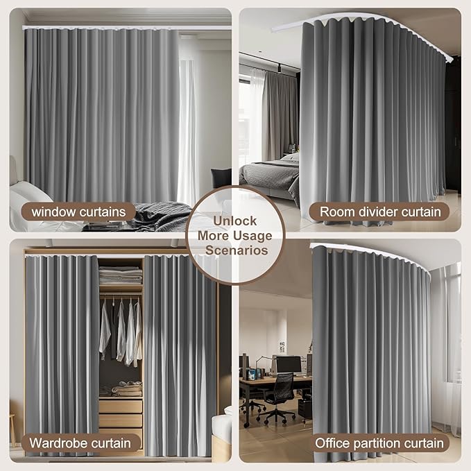 Room Divider Curtains & Flexible Bendable Tracks Set,Privacy Dividers Ceiling Track Curtain Window Blackout Curtains for Living Room Bedroom (W150 × H84 in 1 Panel Grey Drape & White Rail)