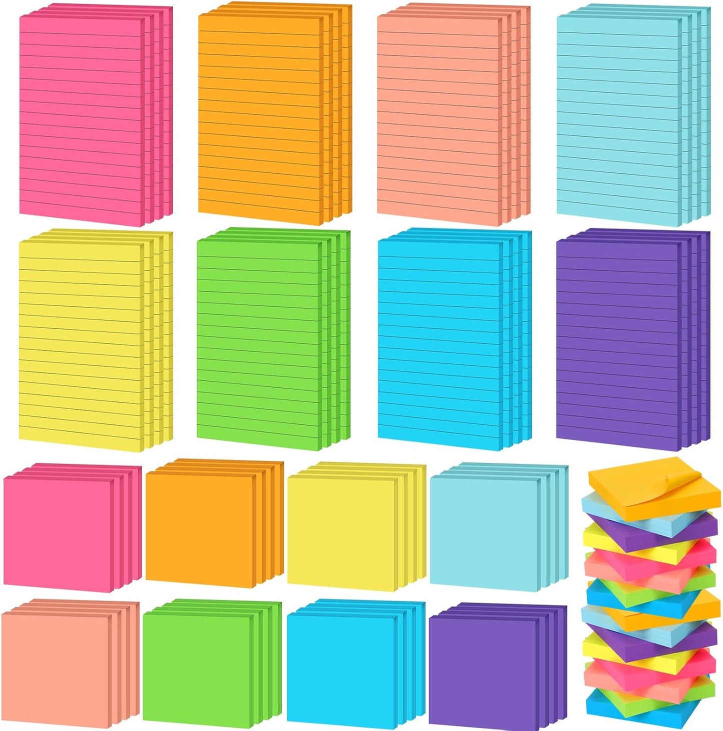 Yexiya 64 Pcs Lined Sticky Notes Self Stick Notes with Lines Bright Assorted Colors Sticky Pad for Home Office Products Post Memos, 1920 Sheets(4 x 6 Inch, 3 x 3 Inch,Stylish Color)
