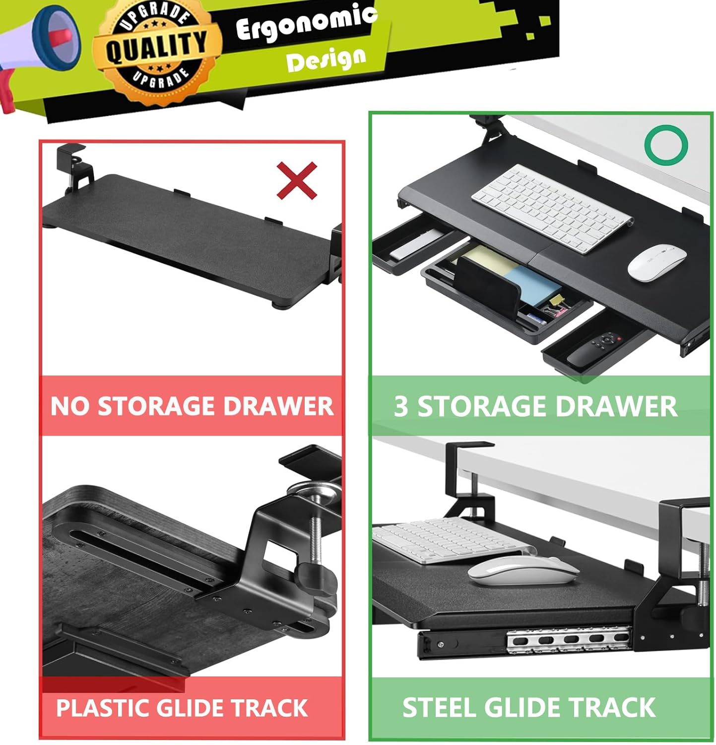 ETHU Keyboard Tray Under Desk, Pull Out Keyboard & Mouse Tray with C-clamp, Ergonomic Desk Keyboard Tray Slide Out, Pull Out Platform Drawer for Home and Office（Black）