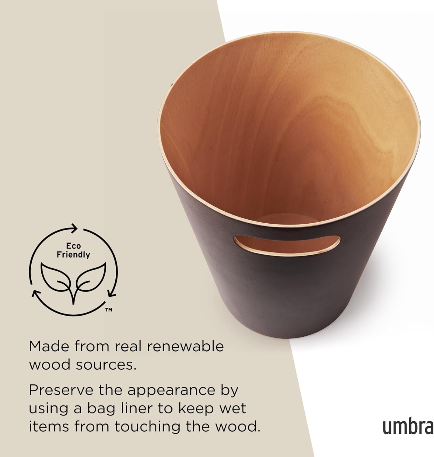 Umbra Woodrow, 2 Gallon Modern Wooden Trash Can Wastebasket or Recycling Bin for Home or Office, Espresso