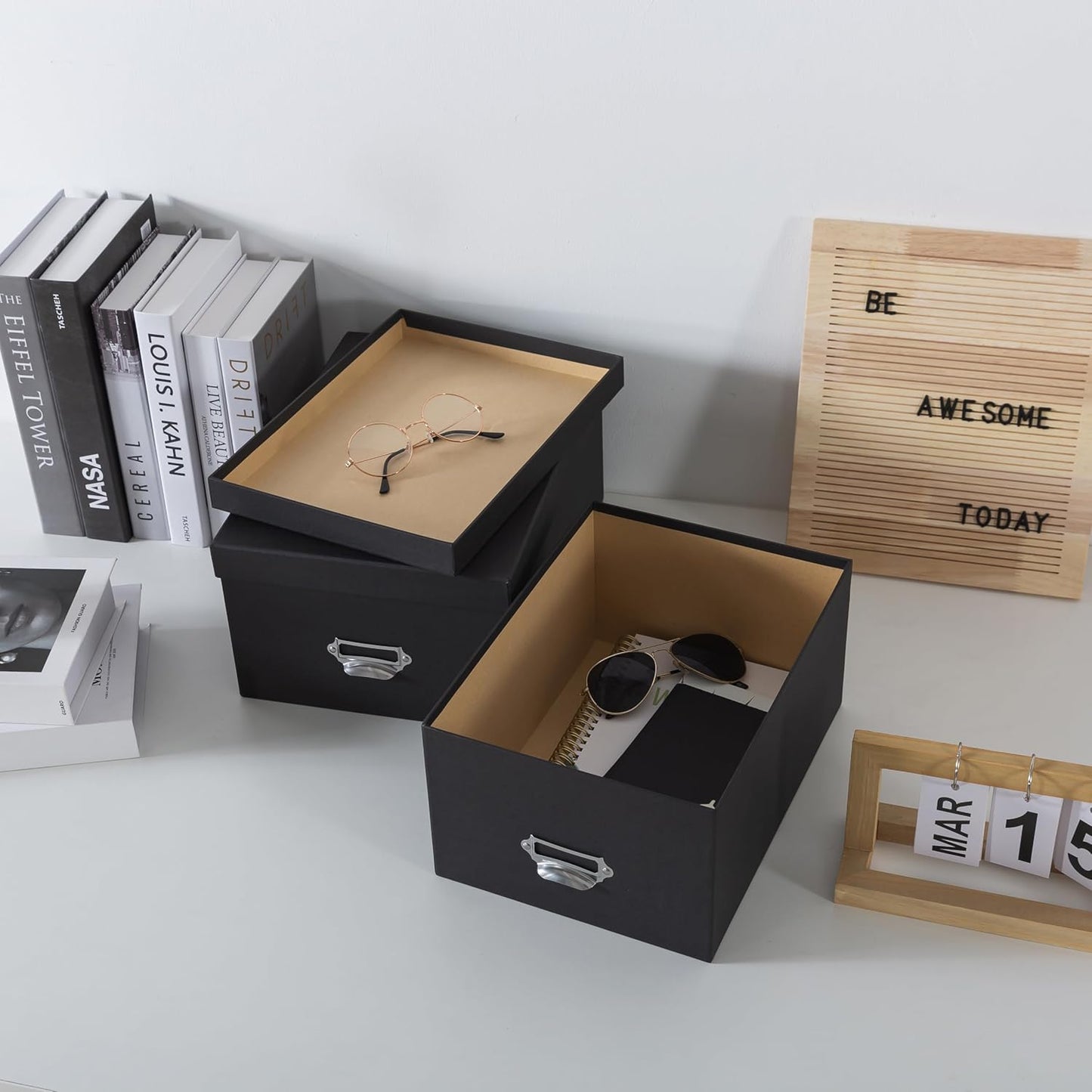 Soul & Lane Black Decorative Cardboard Storage Boxes with Lids, Set of 2 Stacking Keepsake Photo and Memory Boxes for Home & Office, Elegant Paperboard Organizers with Label Holders and Drawer Pulls