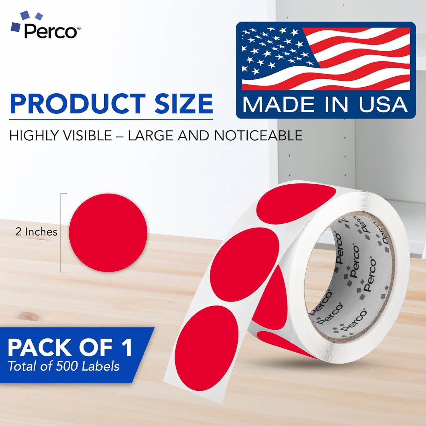 Perco Red 2-Inch Round Circle Dot Sticker Labels with Easy Peel Perforation - 500 Labels per Roll - Strong Adhesion, Vibrant Colors for Organizing, Crafting & More - Made in USA