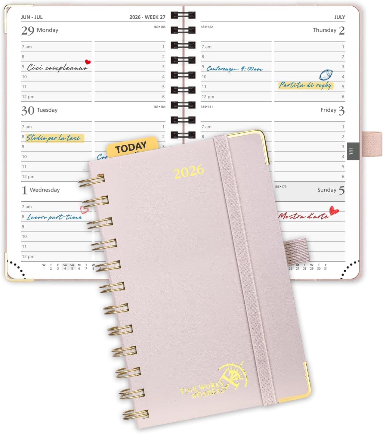 POPRUN 2026 Planner (Pocket Size 4''x 6.25'' Wire-Bond Hard Cover) Calendar Weekly and Monthly (Jan.2026-Dec.2026) Small Planner with Hourly Time Slots, for Purse, 100 GSM - Light Pink