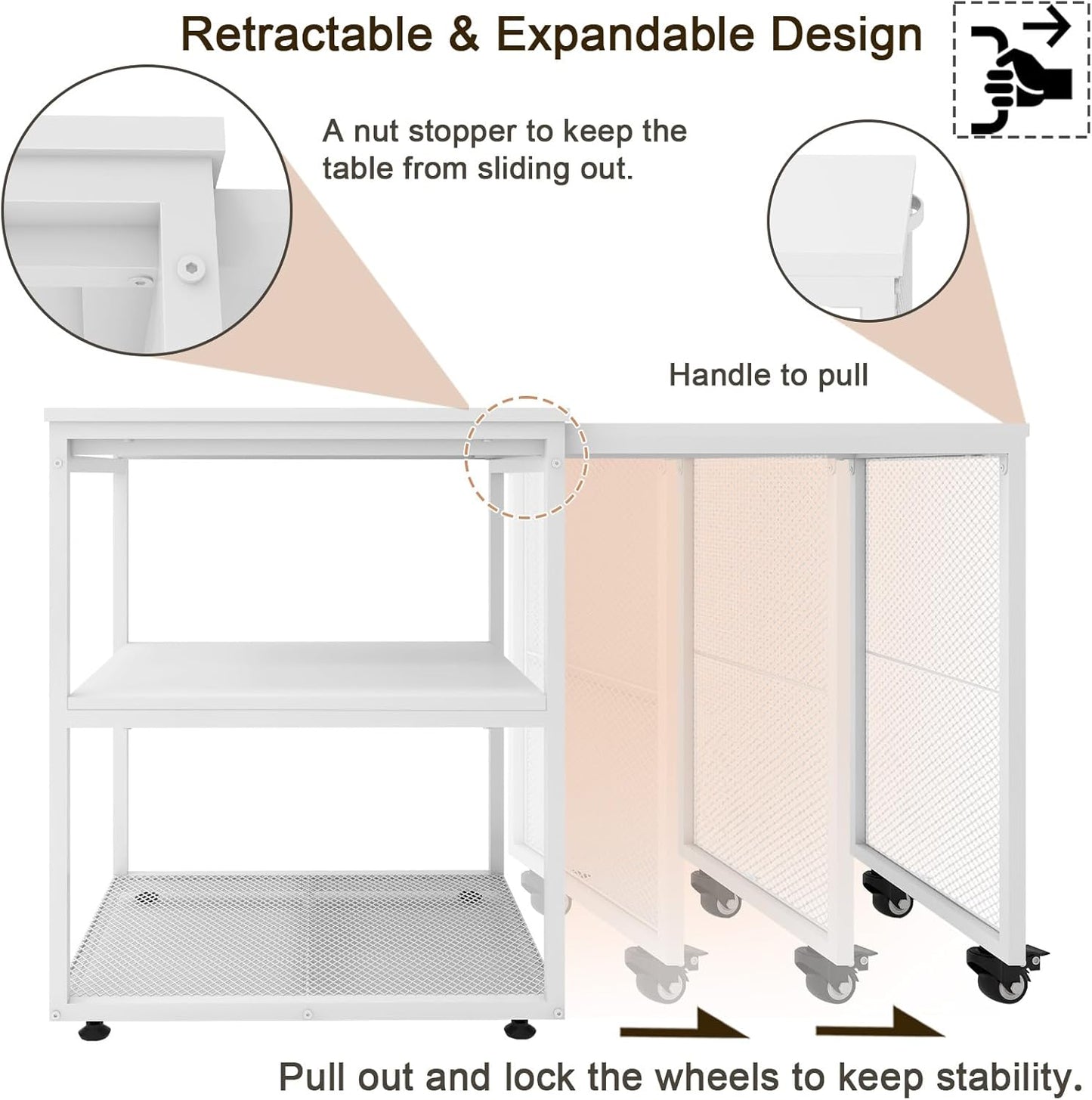 Natwind 24''x20''x29'' Large Printer Stand with Storage Shelves,Extendable Home Craft Table,Home Office Organization Desk, Versatile Table for Home Office, Kitchen, Study Room, Living Room (White)