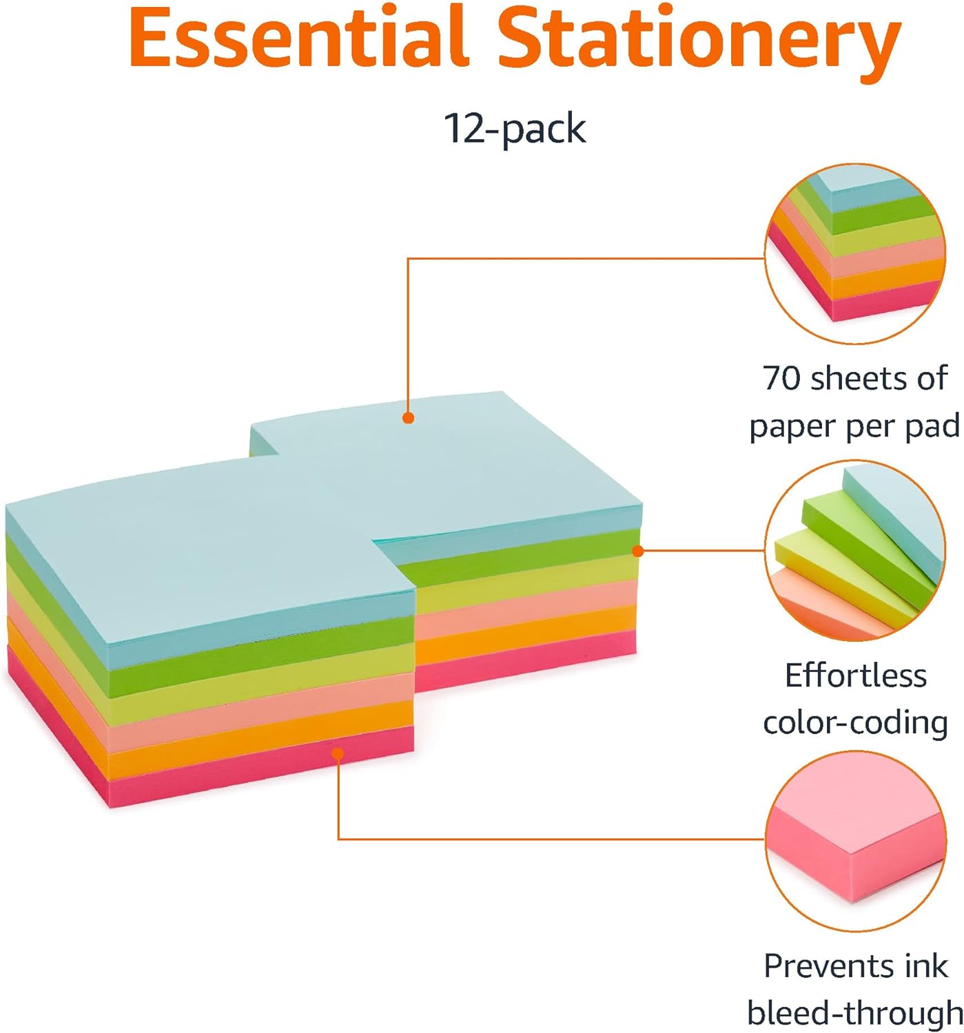 Amazon Basics Sticky Notes, 3x3 Inches, Assorted Colors Self-Stick Pads, Easy to Post for Home, Office, Notebook, 70 sheets/Pad, Pack of 12