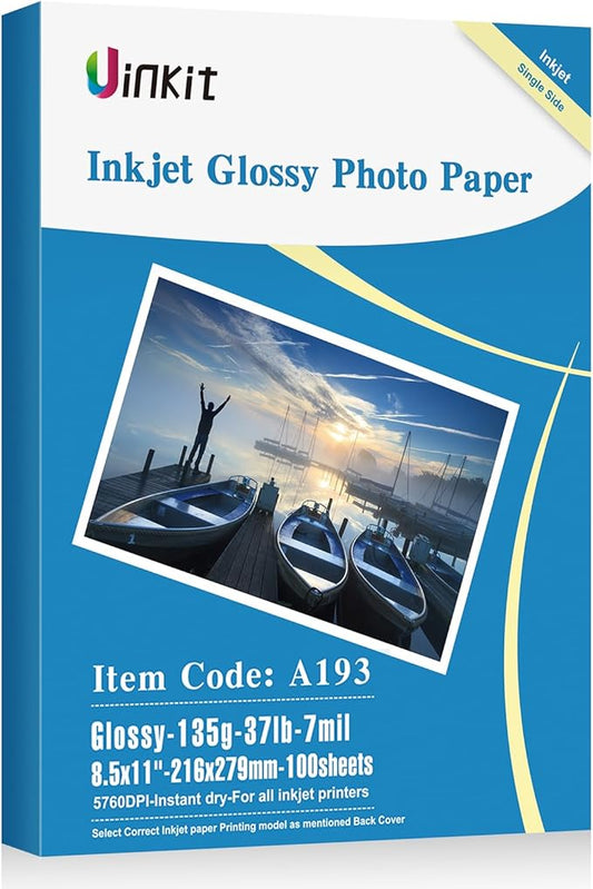 Uinkit 37lb Thin Flyer Paper Glossy 8.5x11 Inkjet 100 Sheets Single Side DIY Chip Bag 135gsm Printer Picture for Inkjet Printer with Dye Ink Letter size A4 Brochure (8.5X11X100)