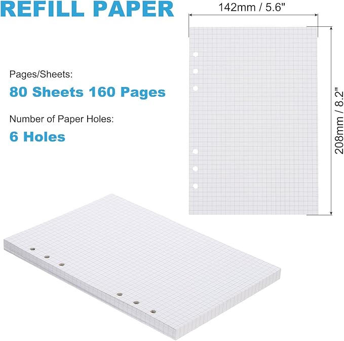 PATIKIL A5 Grid Refill Paper 6-Ring Binder Loose Leaf Planner Filler Paper Planner Inserts, 80 Sheets/160 Pages, Lined