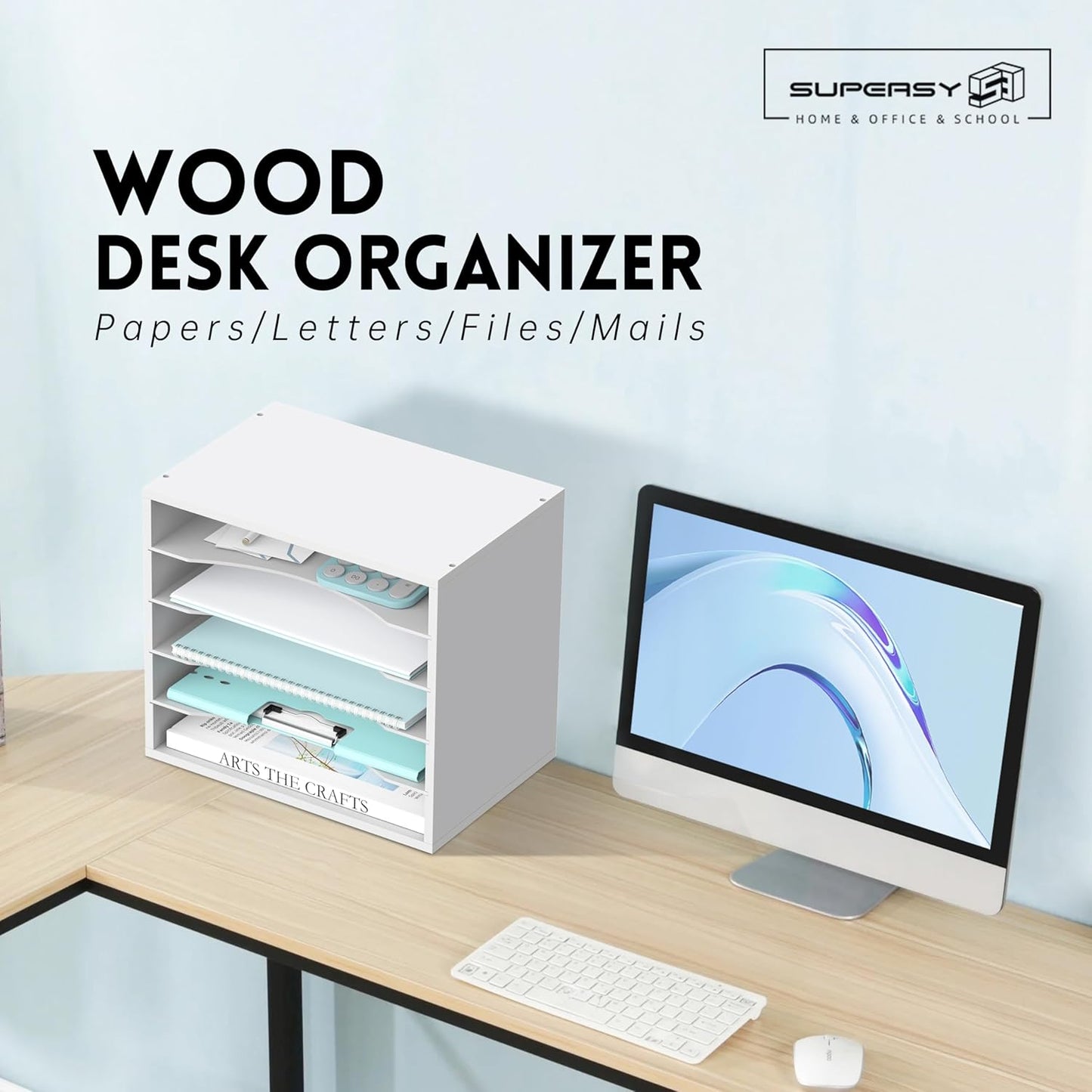 SUPEASY Wood Desk Organizer, 5 Tier Paper File Organizer for Desk, Wooden Desktop Organizer, Paper Letter Literature Mail Sorter, for Office School & Home Organization, White