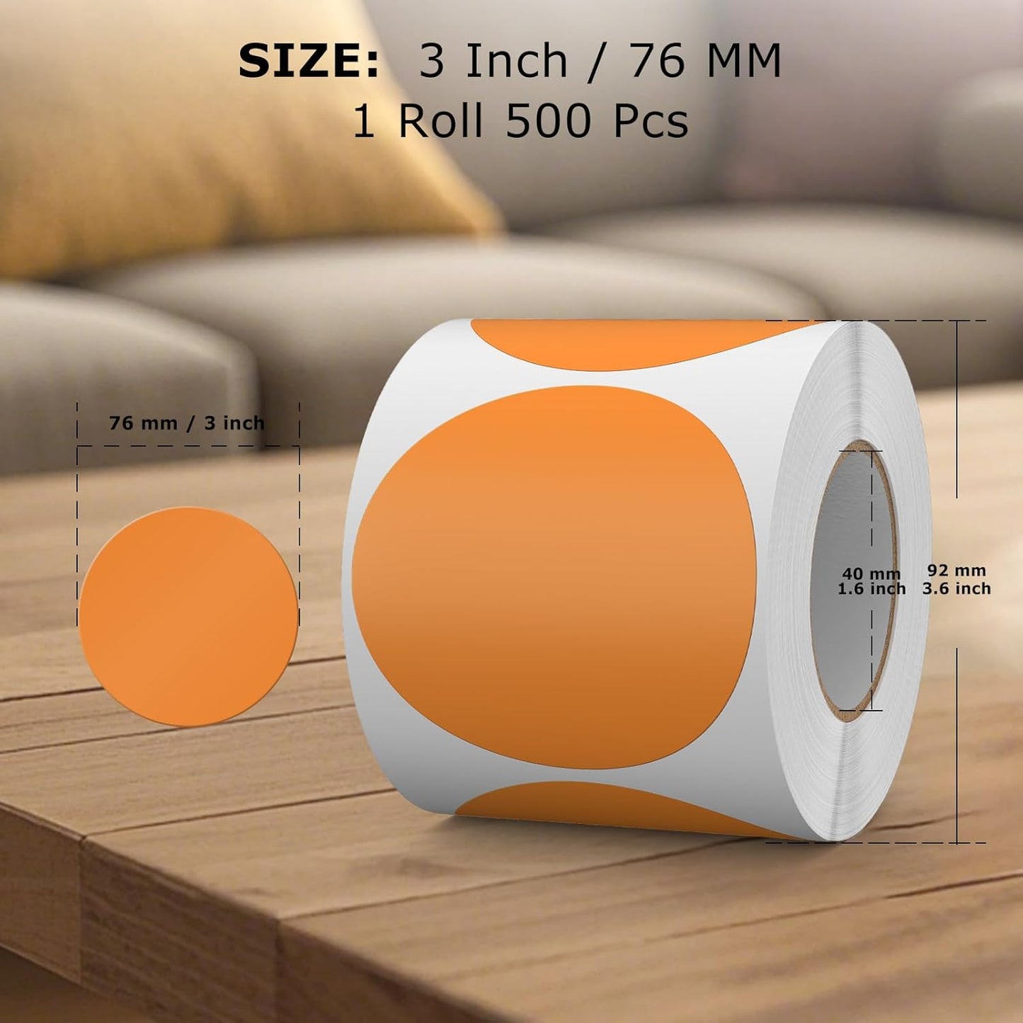 500 PCS Round Stickers 3 Inch Vinyl Orange Colored Dot Sticker Roll Removable Color Coding Circle Floor Labels for Inventory Garage Sale Price Tags
