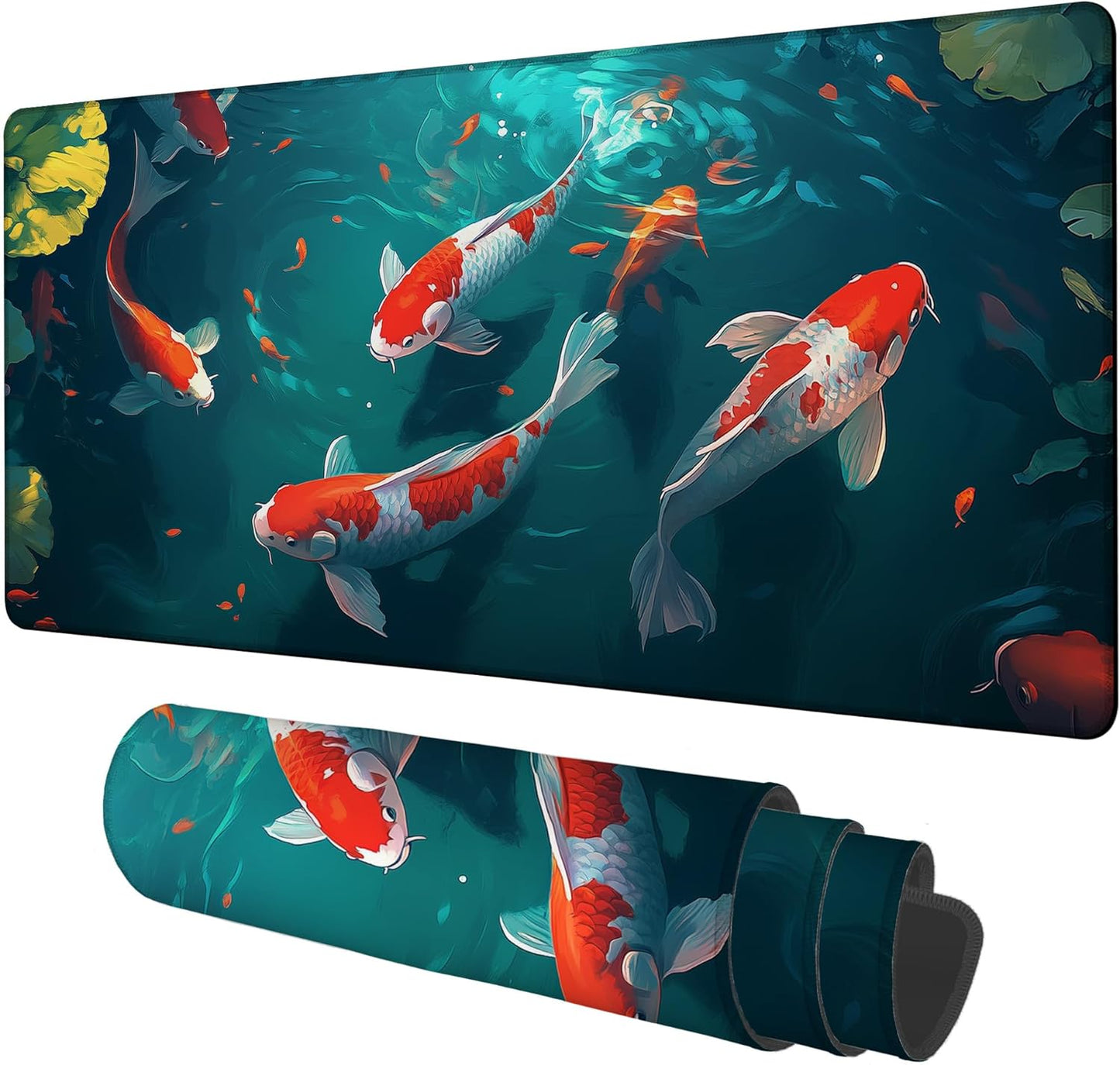 Large Mouse Pad Koi Fish Gaming Desk Pad Computer Keyboard Non-Slip Waterproof Mouse Mat with Rubber Base and Stitched Edges Entertainment Office Writing Desk Mat 35.4 x 15.7 Inches
