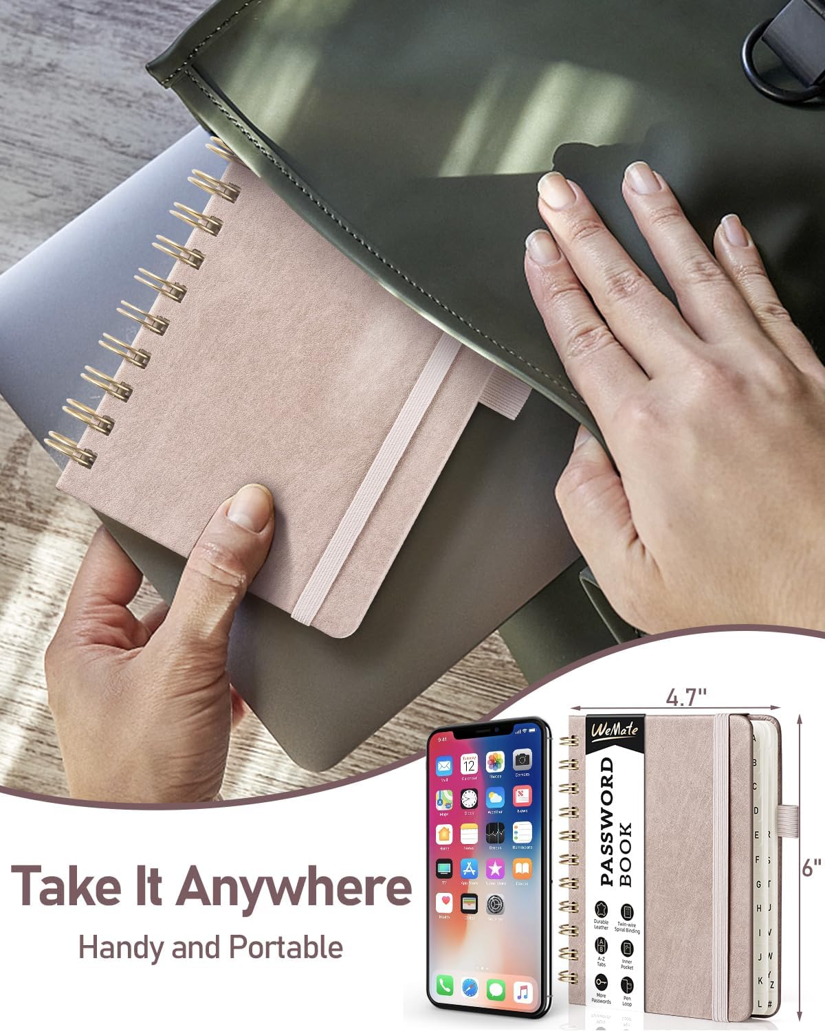 WEMATE Password Book with Alphabetical Tabs, Spiral Password Keeper Book for Seniors, Internet Password Notebook Password Journal Logbook Log in Detail, Small – 4.7''x 6'' (Dusty Rose)
