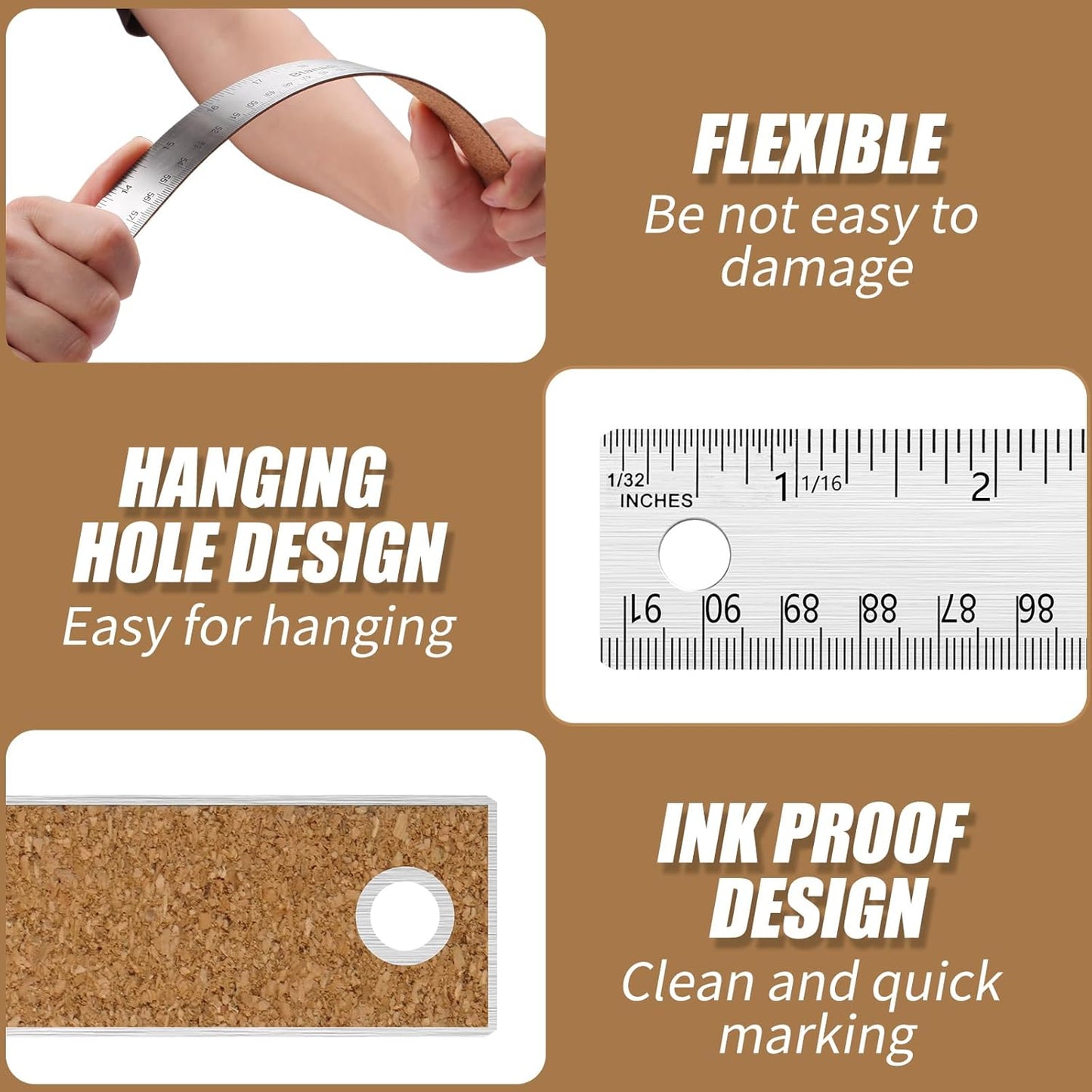 24 Inch Metal Ruler, Stainless Steel Straight Edge Ruler with Cork Backing, Non-Slip Imperial & Metric Measuring Tool for School, Office, Woodworking, Drafting