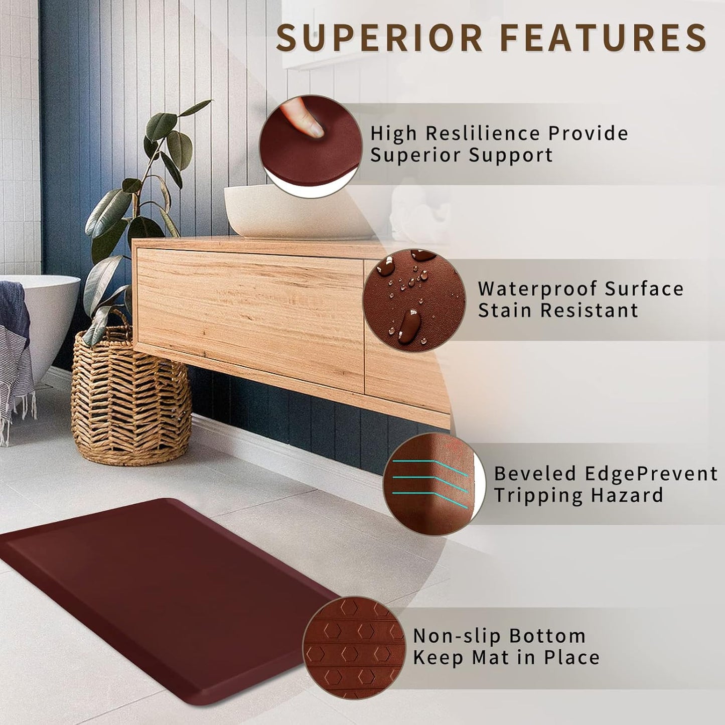 Thick Anti Fatigue Comfort Mat for Standing Desks, Non-Slip Standing Kitchen Mat, Waterproof Floor Mat, Commercial Pads for Offices, Home, Garages(Burgundy)…