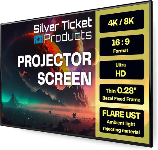 Silver Ticket Products S7 Series 6 Piece Thin Bezel Home Theater Fixed Frame 4K/8K Ultra HD, HDTV, HDR & Active 3D Projection Screen, 16:9 Format, 120" Diagonal, UST Flare Material S7-169120-FLARE