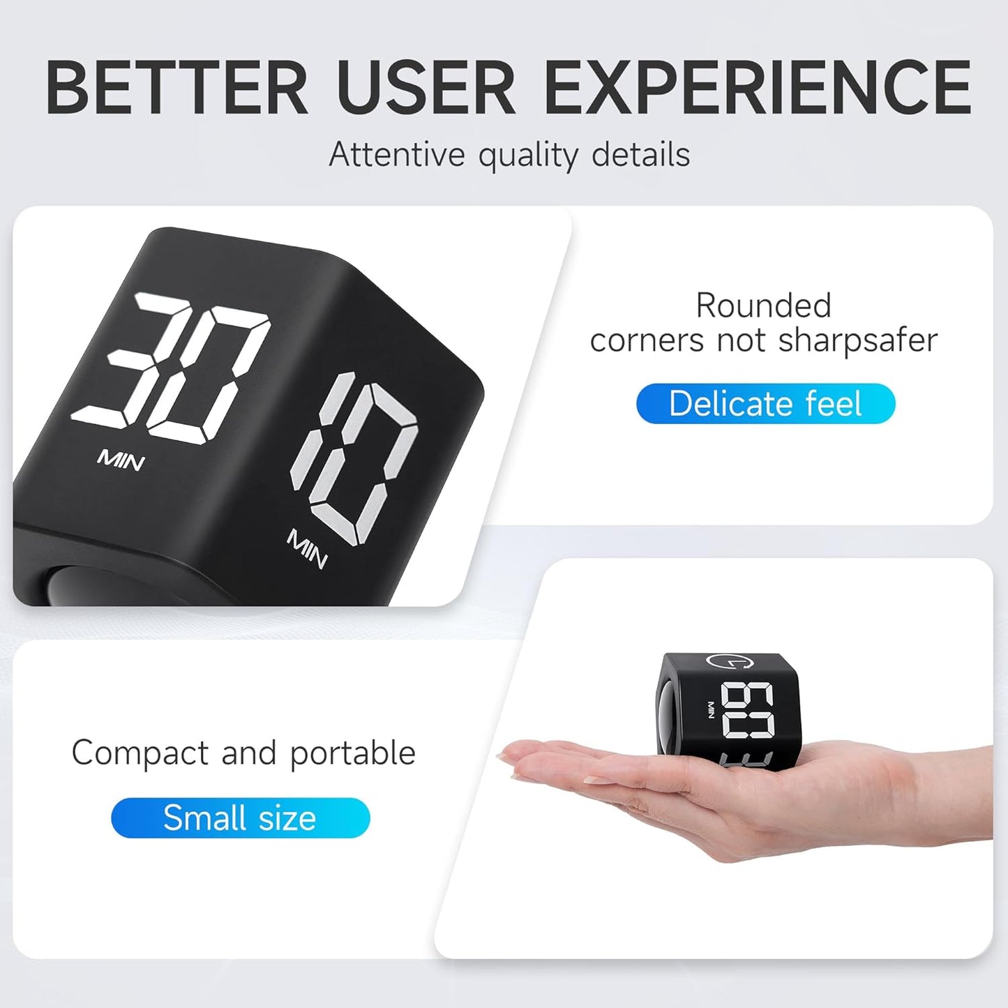 Productivity Timer 1, 5, 10, 30, 60 Minutes Preset, Desk Cube Timer with Gravity Sensor/Mute/Vibration for ADHD, Work, Study, Kitchen, Back to School (1, Black)