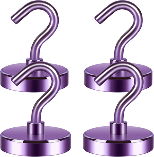 Neosmuk Magnetic Hooks Heavy Duty, Strong Magnet with Hook for Fridge, Super Neodymium Extra Strength Industrial Hooks for Hanging, Magnetic Hanger for Toolbox, Cruise, Grill(Purple,4 Pack)