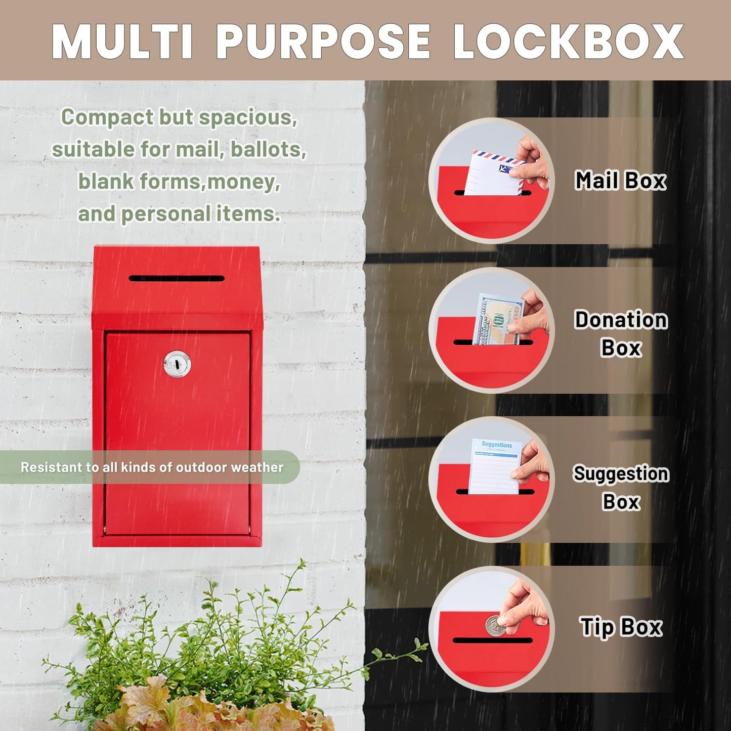 Metal Donation Money Cash Drop Box with Lock and Slot Suggestion Box Wall Mounted Ballot Container Mailbox Delivery for Home Office (Red, 10.24″ x 5.71″ x 2.95″)