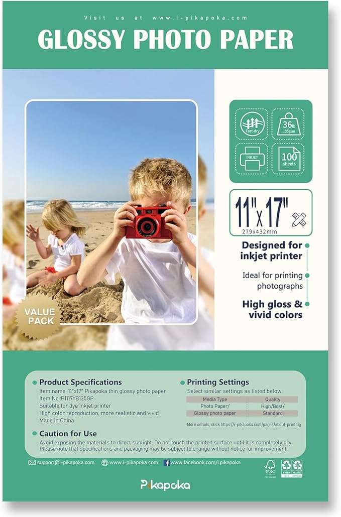 36lb Glossy Photo Paper, 11x17, Tabloid Size, Thin Glossy Photo Paper for Chip Bags, 100 Pack