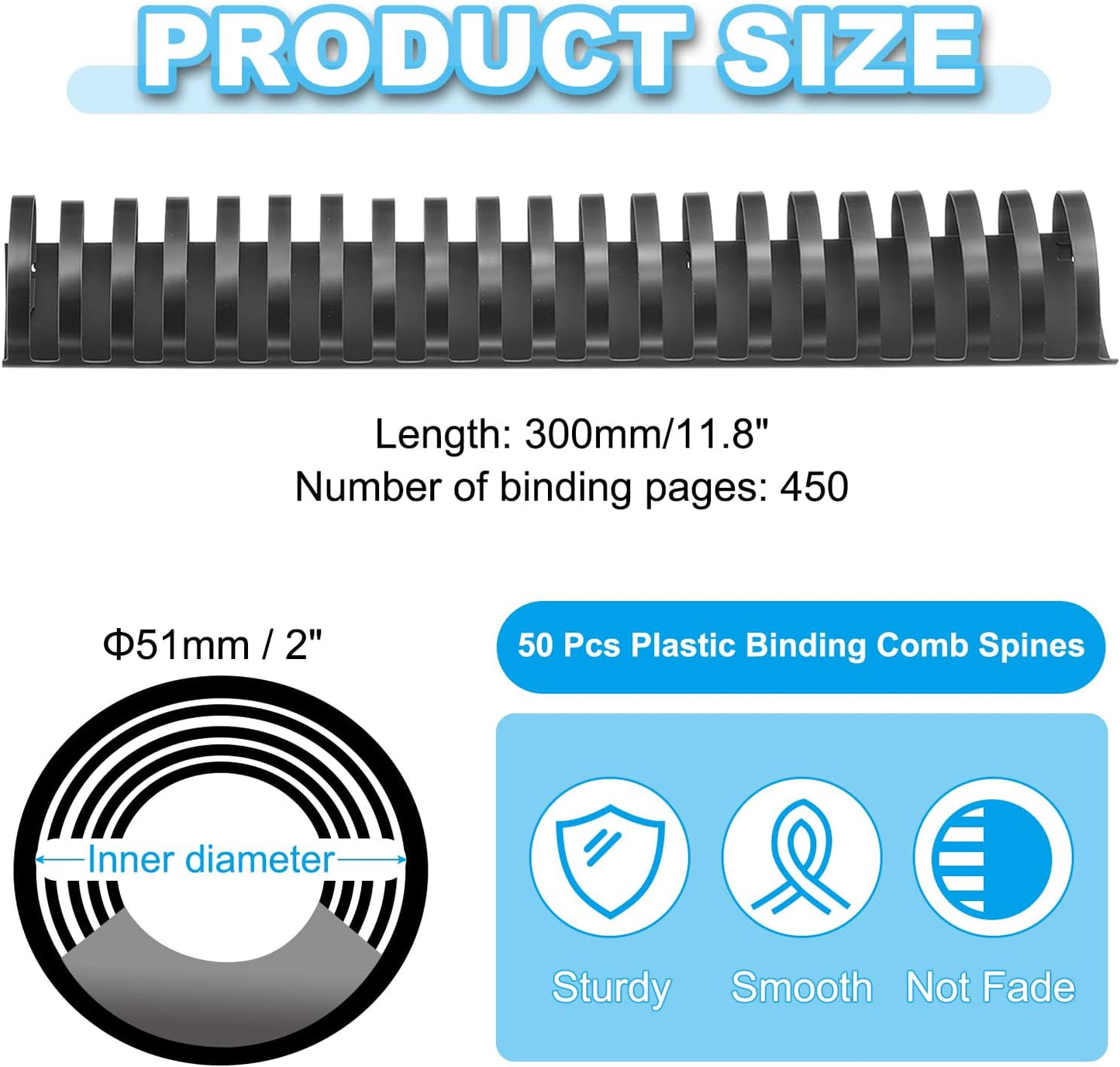 PATIKIL 51mm (2") Plastic Binding Combs, 50 Pcs 21 Rings Comb Binding Spines 450 Sheet Capacity Letter Size for Binding Paper Sheets Notebook Calendar Picture Album, Black