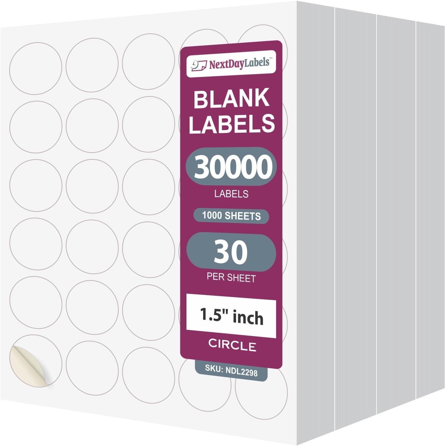NextDayLabels – 1.5 Inch Round Labels - Round Sticker Labels for Printer - Matte White Blank Laser/Inkjet Printer Labels - Circle Stickers Printable Labels (1000 Sheets, 30 Per Sheet, 30000 Labels)