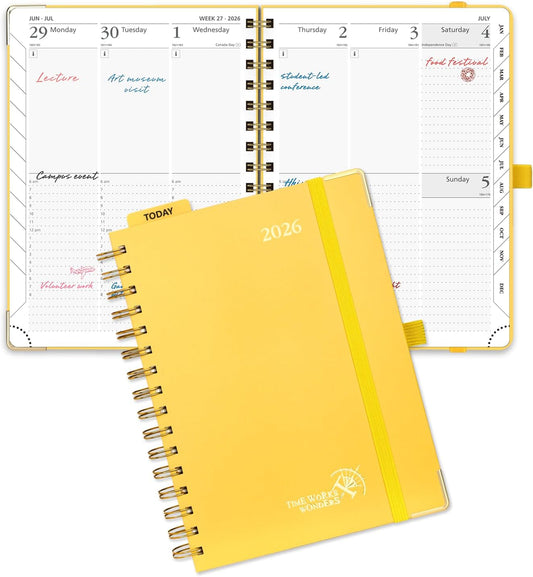POPRUN 2026 Planner (Medium Size 8.5'' x 6.25'' Wire-Bound Hard Cover) Daily Weekly and Monthly Calendar - Agenda 2026 (Jan.2026-Dec.2026) with Hourly Schedule, Monthly Tabs - Light Yellow