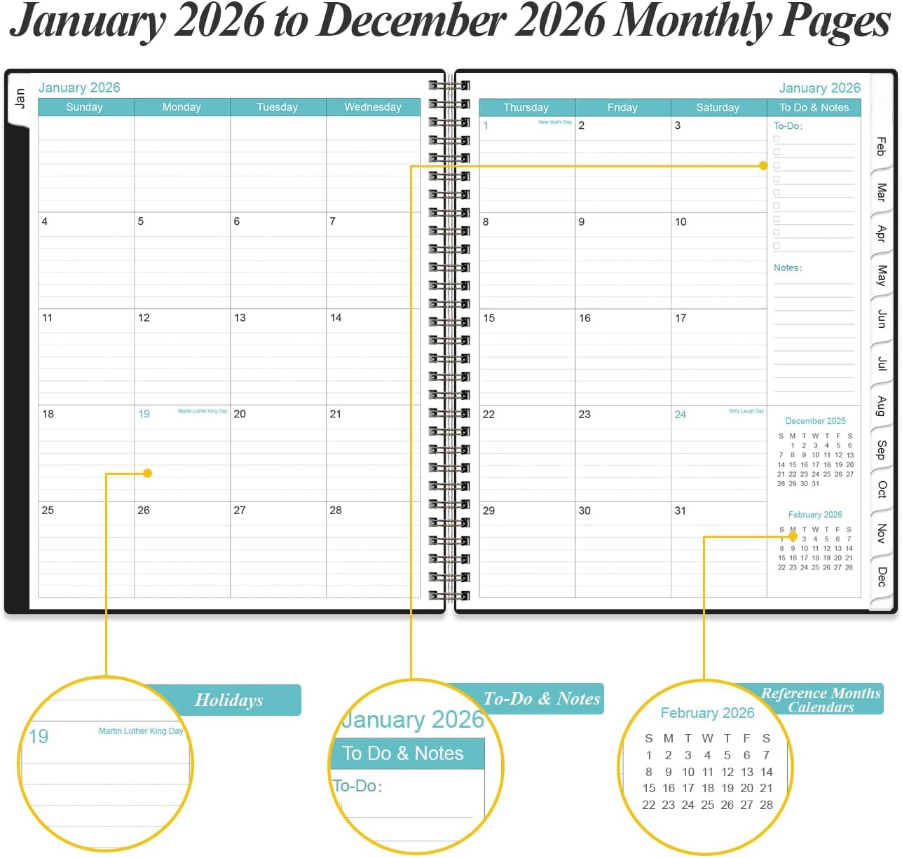2026 Daily & Monthly Planner - One Page Per Day, Daily Planner from January 2026 - December 2026, Planner 2026 with 12 Monthly Tabs, 8.5" x 11", Black