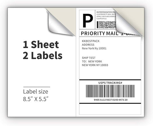 KKBESTPACK Half Sheet Shipping Labels for Laser and Inkjet Printers – 2 Per Page Self Adhesive Mailing Labels for Packages – White 8.5 x 5.5 Postage Labels for Shipping Boxes (1000 Labels) (KK2LP)