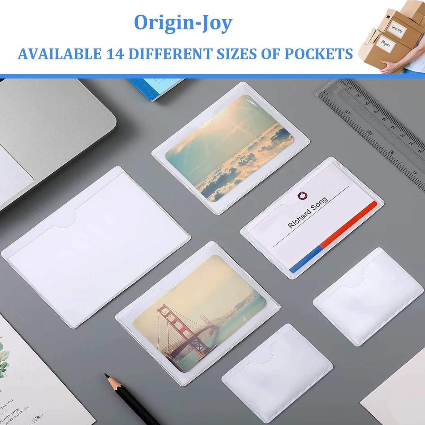 Origin-Joy 25 PCS Self-Adhesive Index Label Pockets, Clear Plastic Peel & Stick Card Holders with Top Open for Loading (5.5 x 3.5 inch)