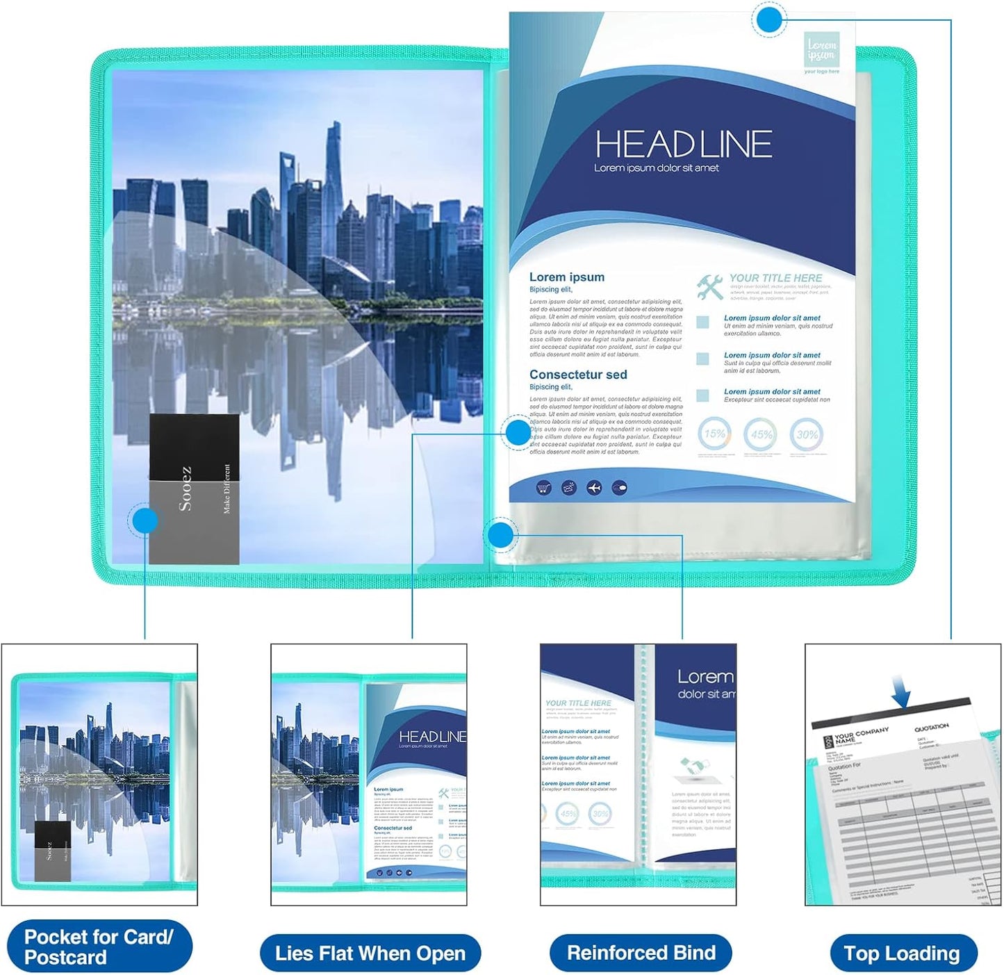 Sooez 30-Pocket Binder with Plastic Sleeves 8.5x11 (Aqua), Heavy Duty Art Portfolio Folder with Clear Sheet Protectors, Display 60 Pages, Presentation Book for Artwork, Document Organizer Binder