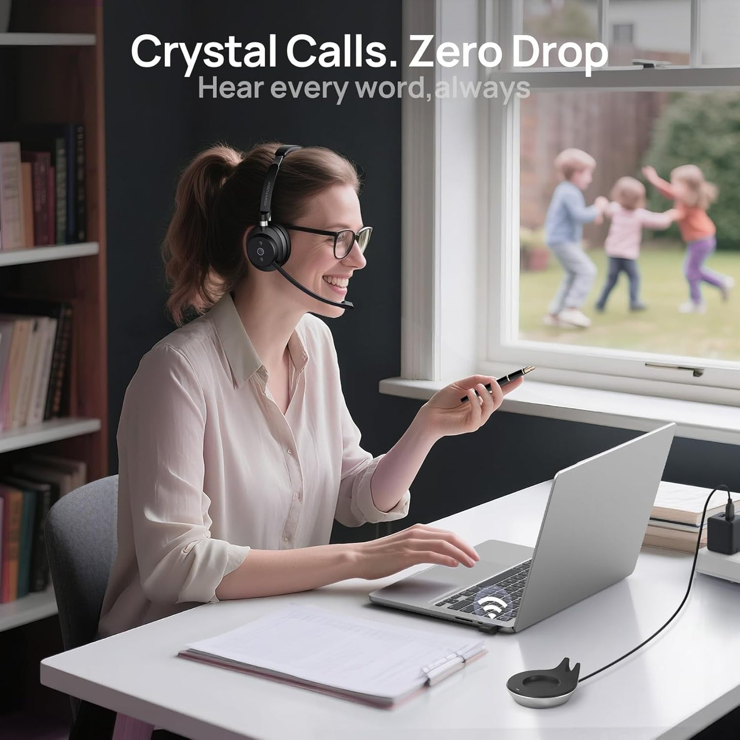 Wireless Headset, Bluetooth Headphones & 2.4G USB Dongle with Noise Cancelling Mic, Mute Button - for PC, Laptop, Call Center, Home Office, Zoom, Teams Meeting